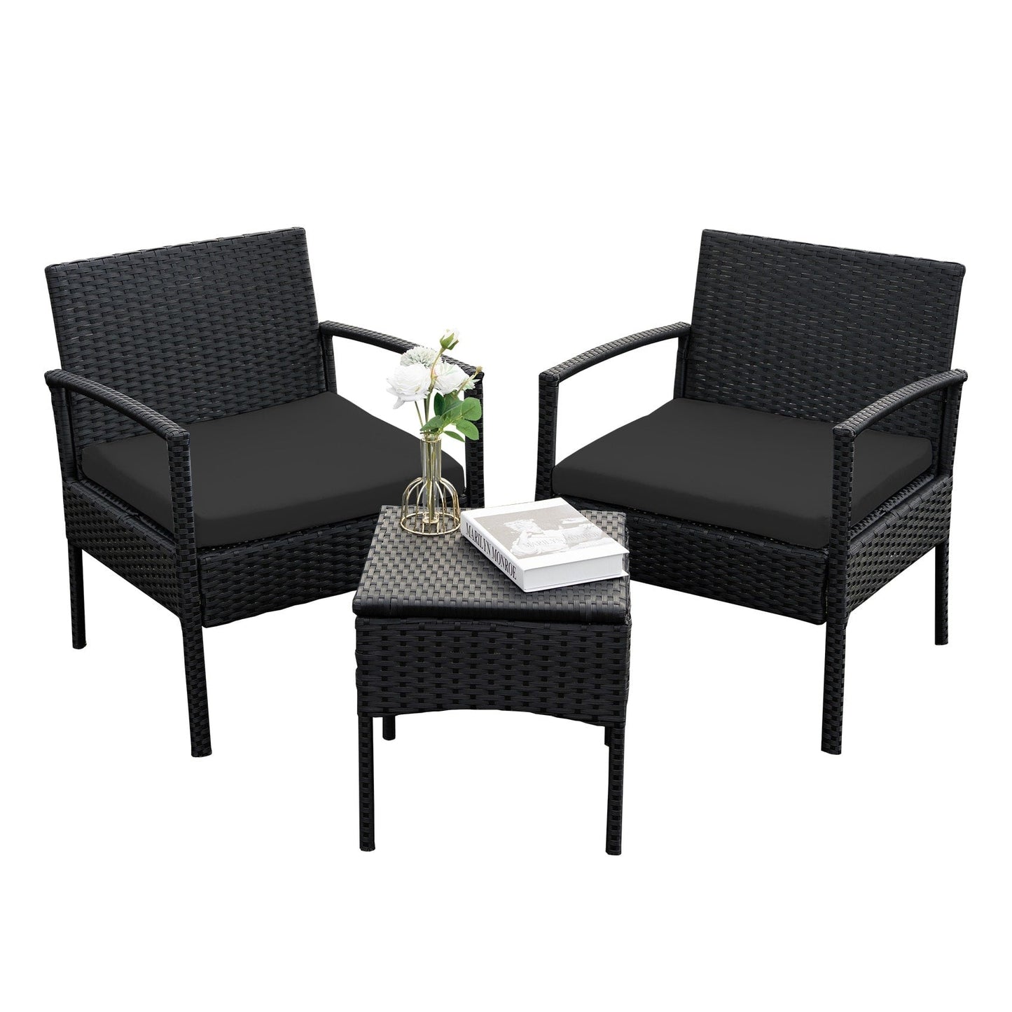 Ensemble de meubles de jardin 3 pièces, ensemble de chaises de conversation en rotin avec table d'appoint et coussins