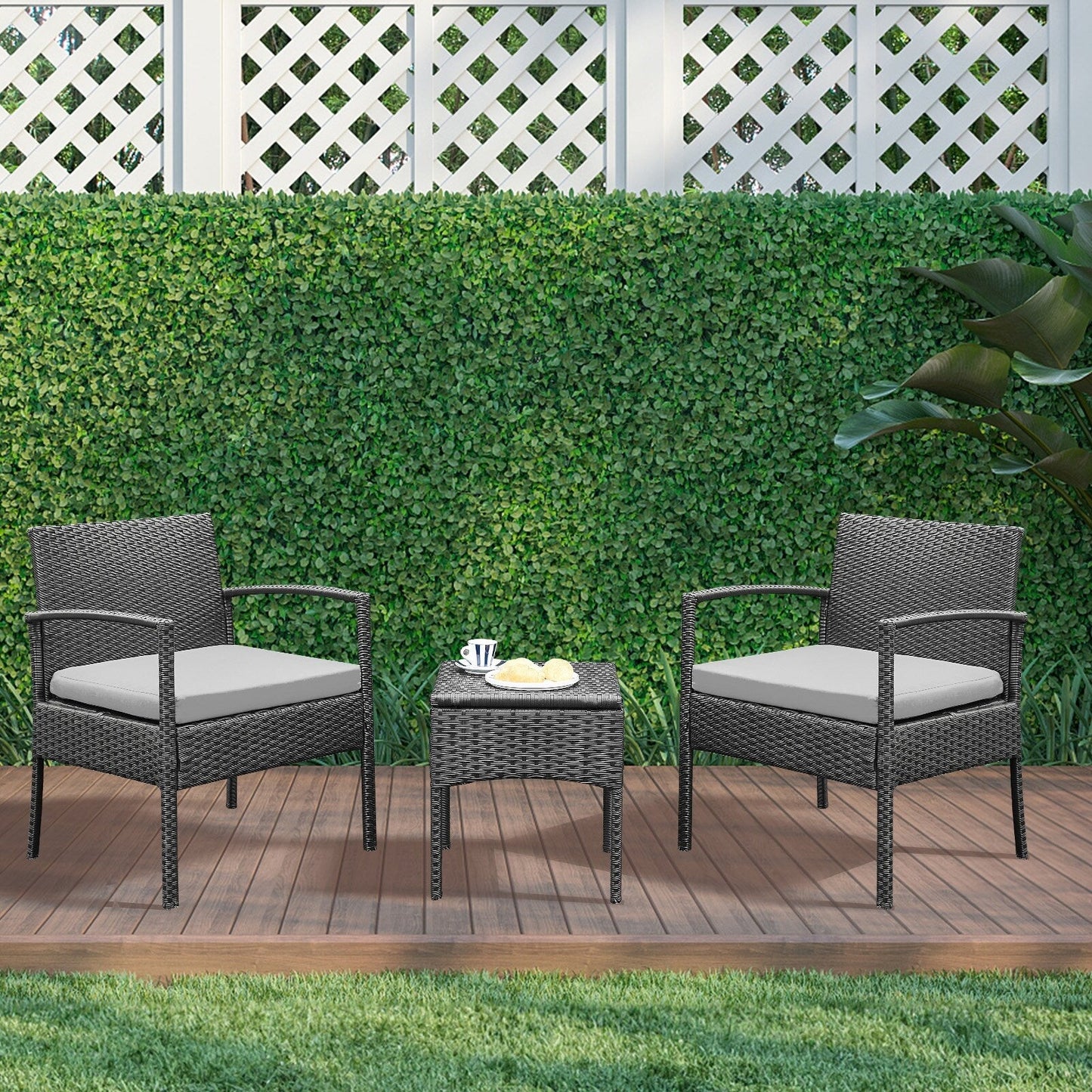 Ensemble de meubles de jardin 3 pièces, ensemble de chaises de conversation en rotin avec table d'appoint et coussins