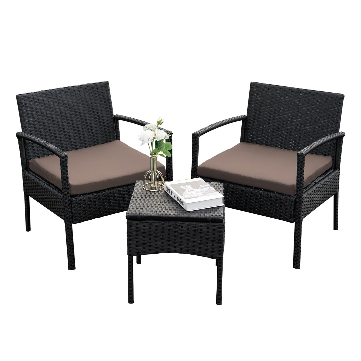 Ensemble de meubles de jardin 3 pièces, ensemble de chaises de conversation en rotin avec table d'appoint et coussins
