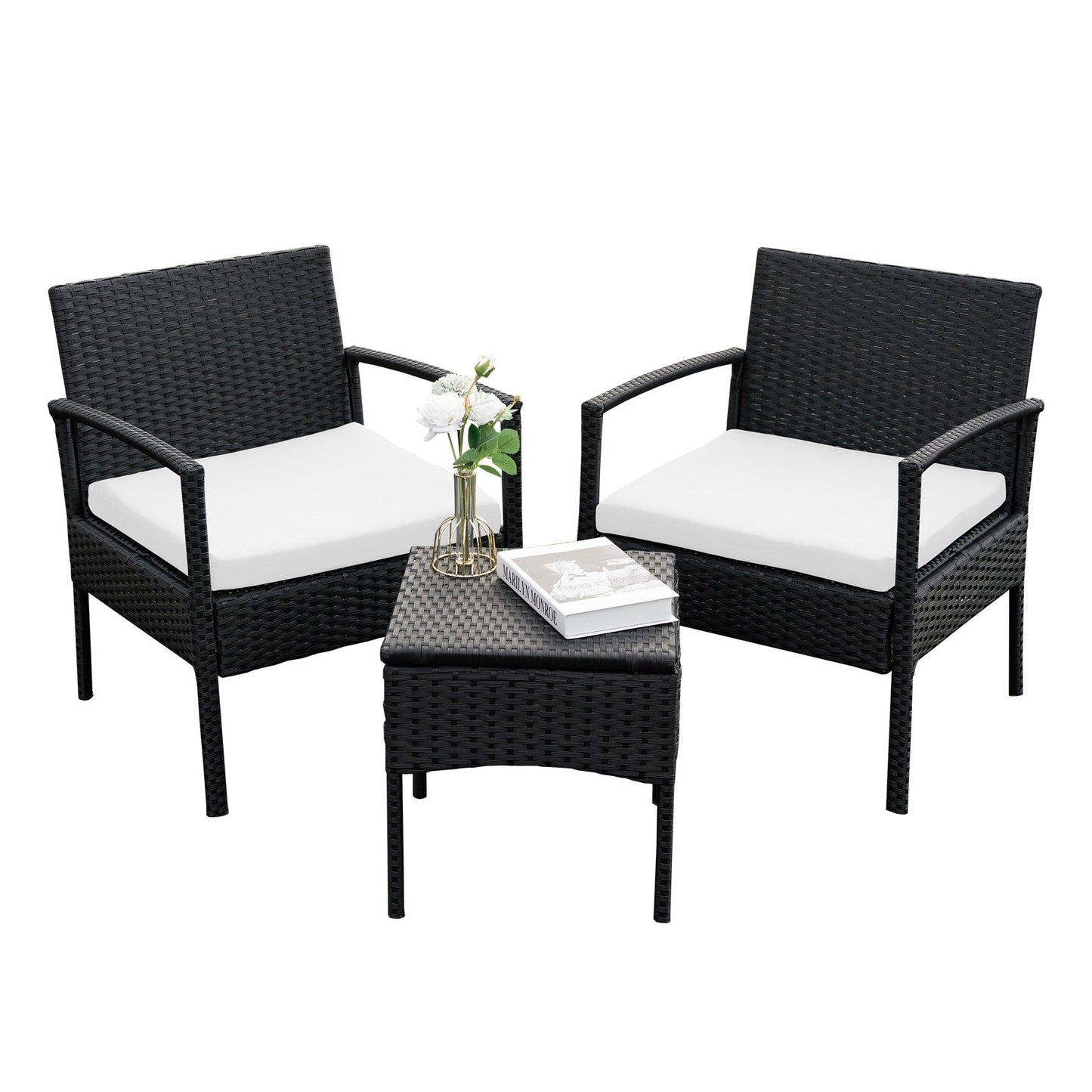 Ensemble de meubles de jardin 3 pièces, ensemble de chaises de conversation en rotin avec table d'appoint et coussins