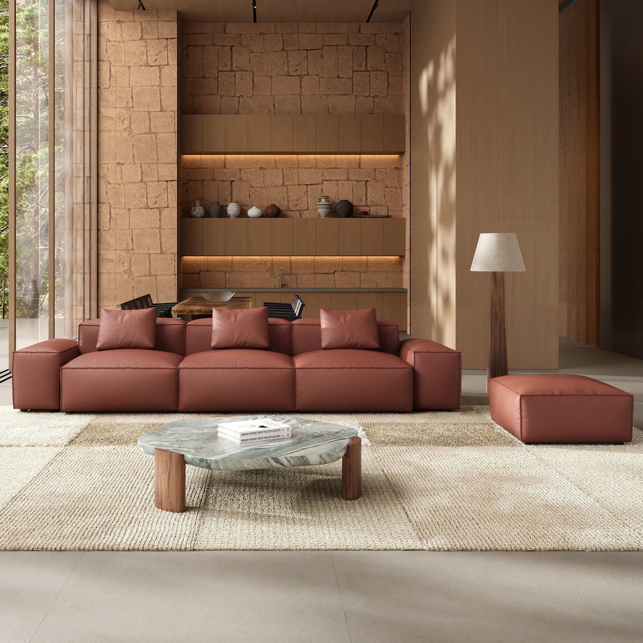 Cube Modular Brown Genuine Leather Sofa with Ottoman