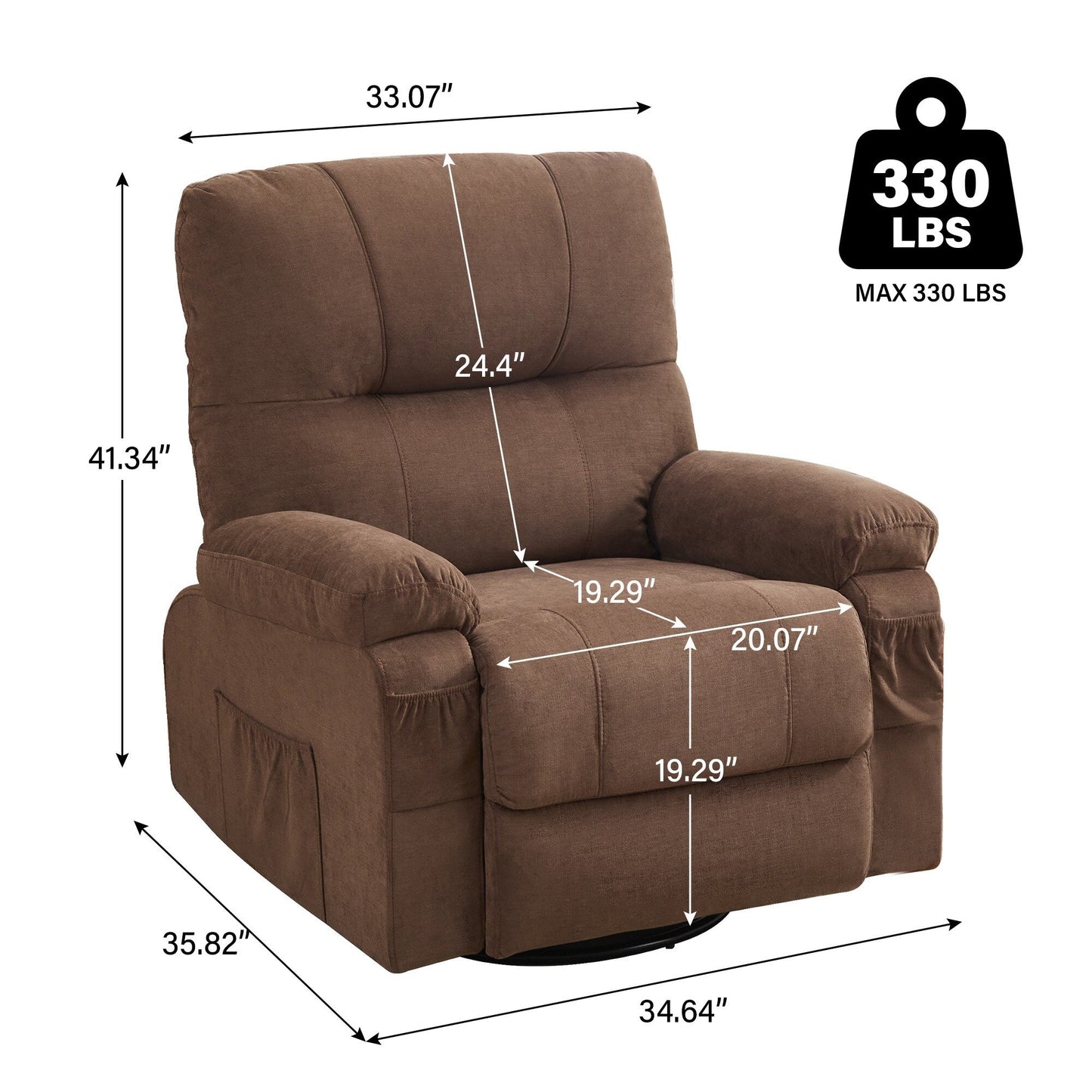 Fauteuil inclinable manuel pivotant à 360° en tissu avec repose-pieds coulissant et poches latérales