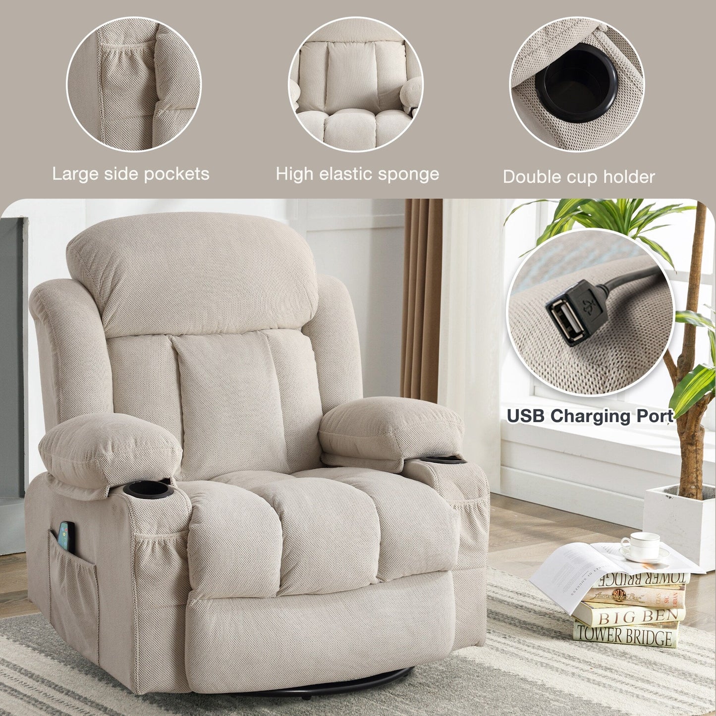 Fauteuil inclinable, massant et chauffant, pivotant à 360°, avec chargement USB, poches latérales et 2 porte-gobelets