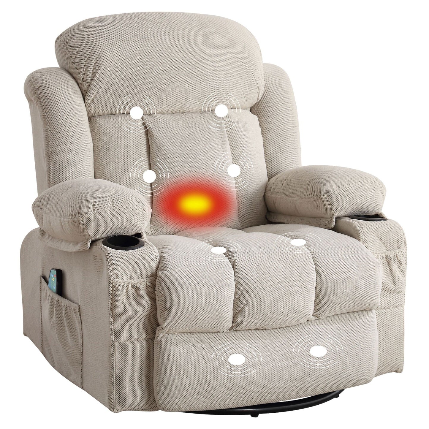 Fauteuil inclinable, massant et chauffant, pivotant à 360°, avec chargement USB, poches latérales et 2 porte-gobelets