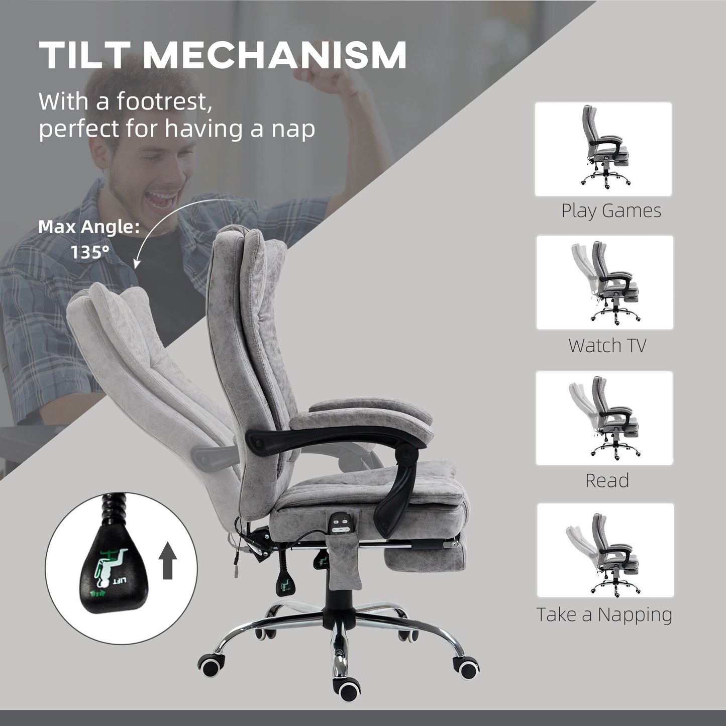 Fauteuil de bureau pivotant à 360° avec dossier haut et inclinable, avec chauffage lombaire, inclinaison réglable et repose-pieds extensible