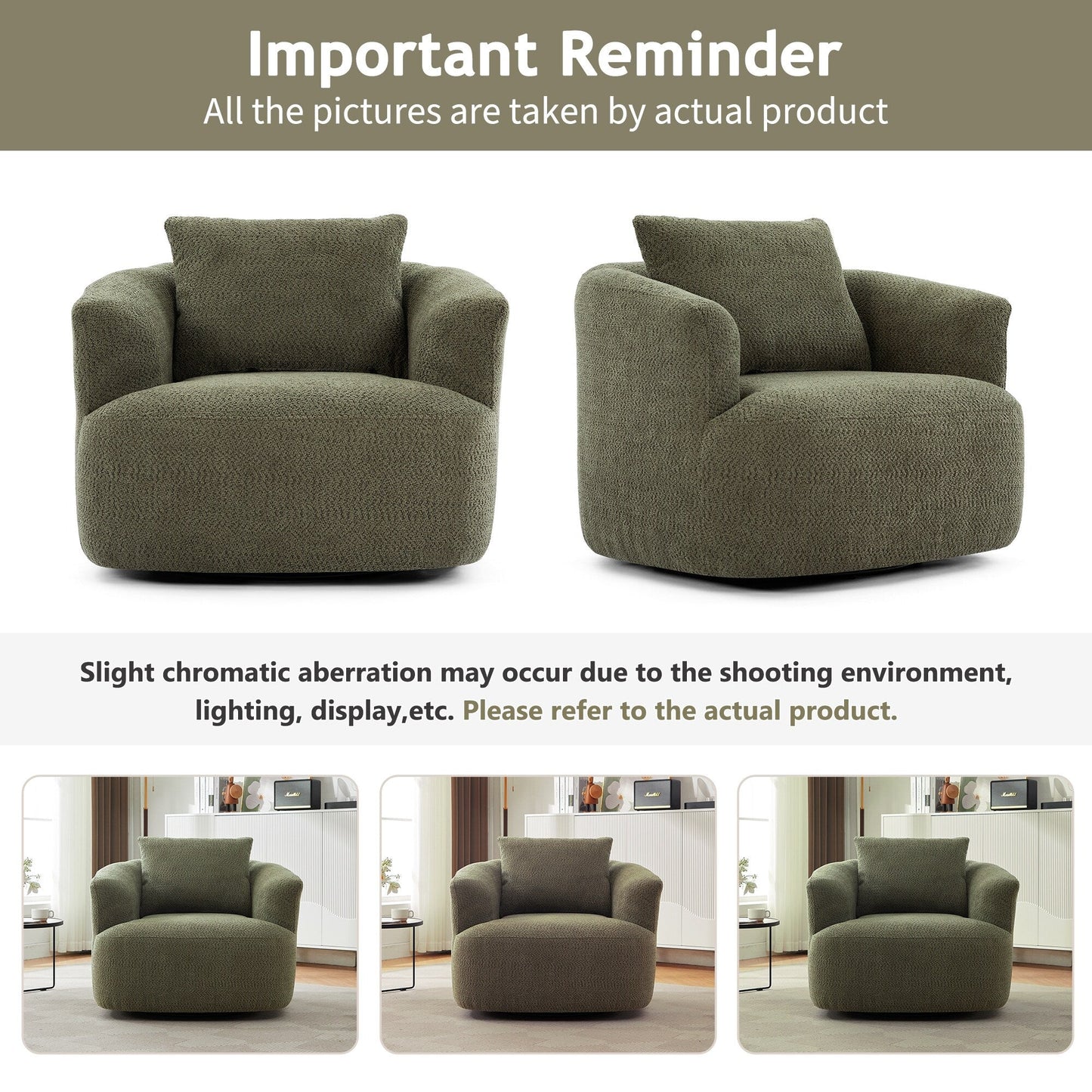 Fauteuil pivotant à 360°, fauteuil d'appoint Boucle 38,2 avec coussin décoratif, fauteuil tonneau rembourré avec accoudoirs incurvés