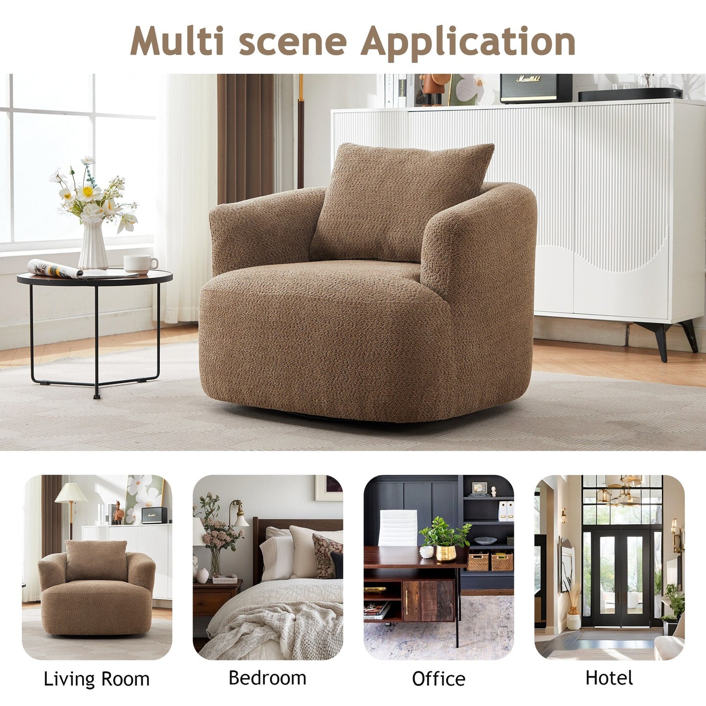 Fauteuil pivotant à 360°, fauteuil d'appoint Boucle 38,2 avec coussin décoratif, fauteuil tonneau rembourré avec accoudoirs incurvés
