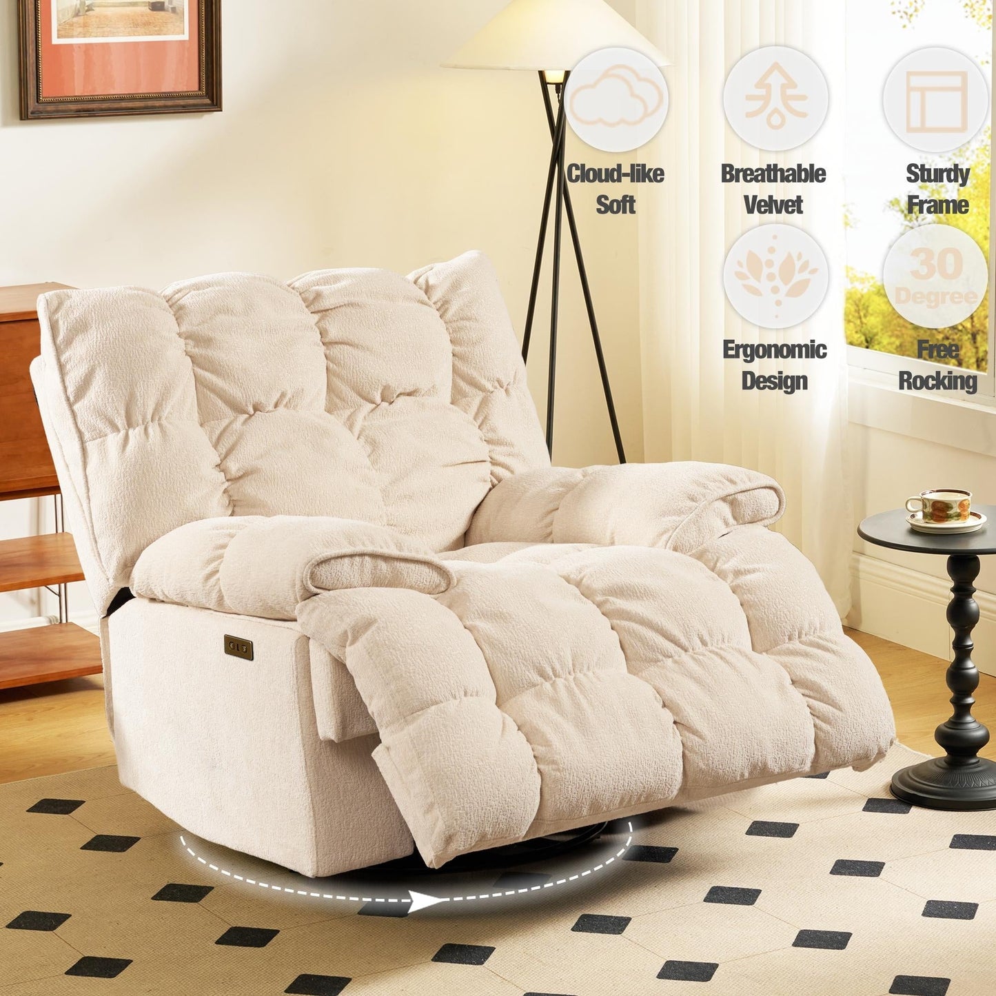 Fauteuil inclinable électrique pivotant à 360°, dossier haut moelleux, siège spacieux, plusieurs positions d'inclinaison pour un confort ultime