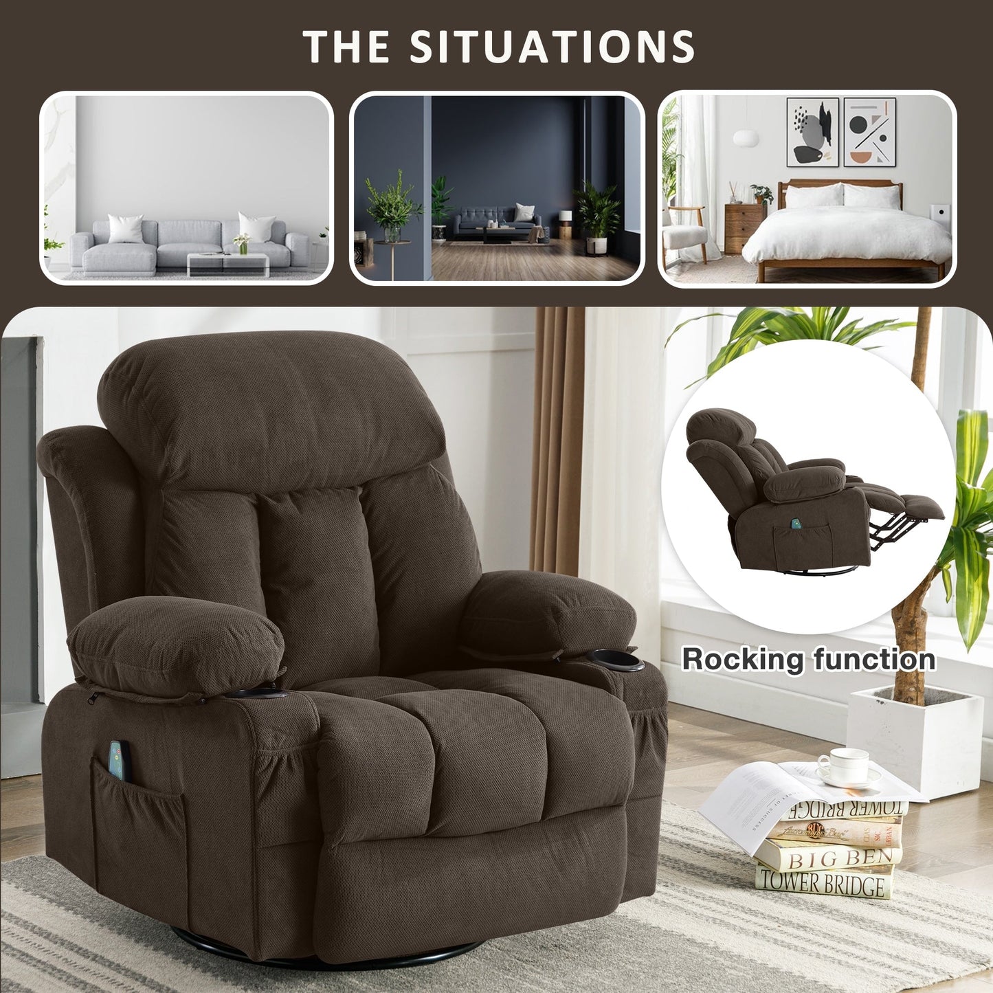 Fauteuil inclinable chauffant et massant pivotant à 360° avec chargement USB, porte-gobelets, rangement latéral et revêtement en polaire moelleux