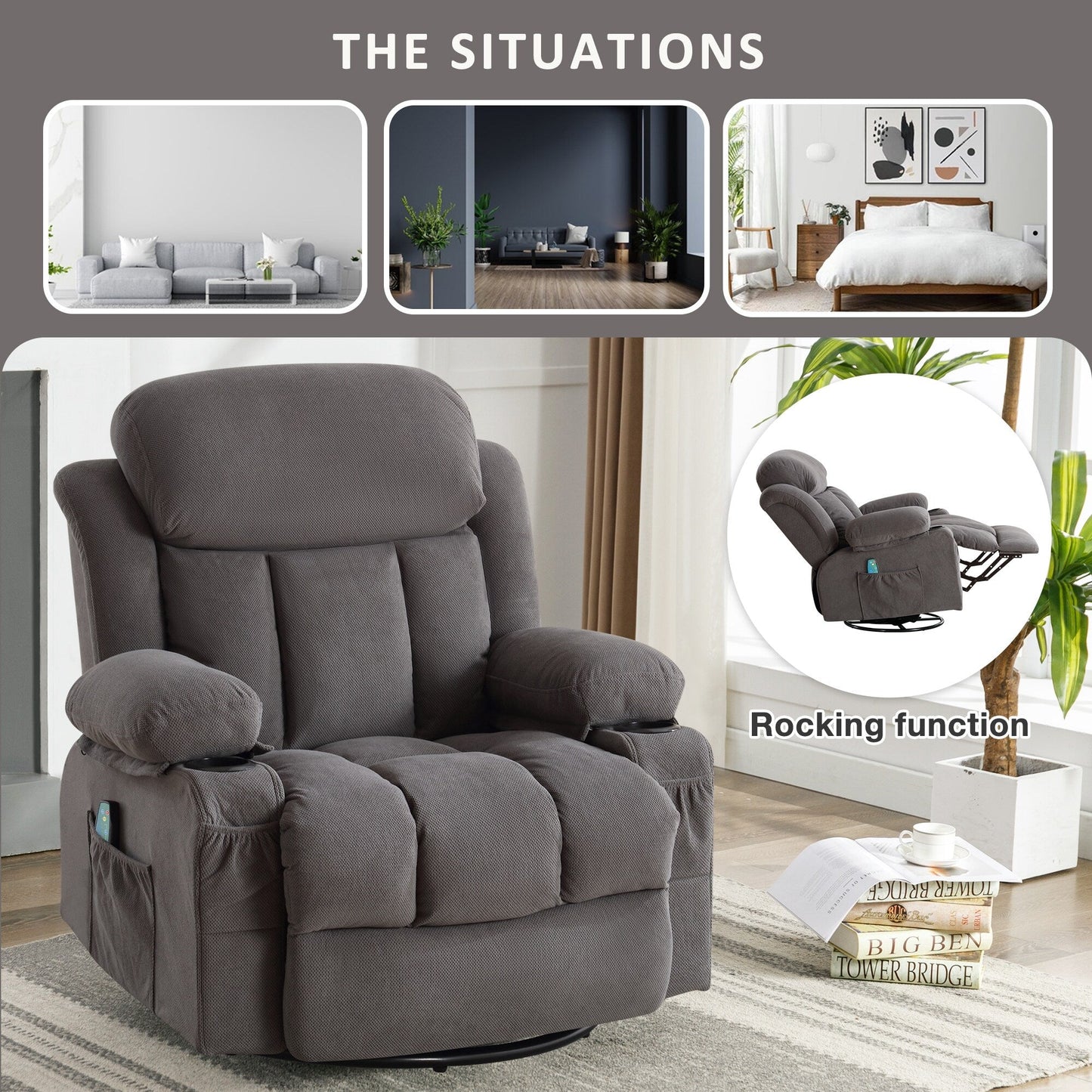 Fauteuil inclinable massant pivotant à 360° en velours doux avec chauffage, port USB, inclinaison manuelle et poches de rangement