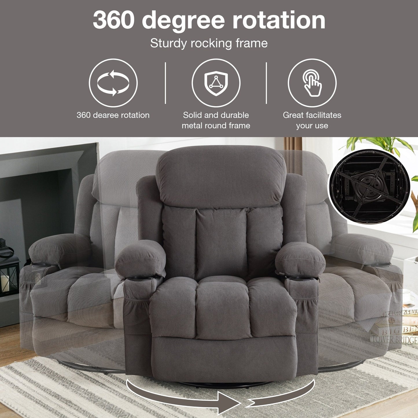Fauteuil inclinable massant pivotant à 360° en velours doux avec chauffage, port USB, inclinaison manuelle et poches de rangement