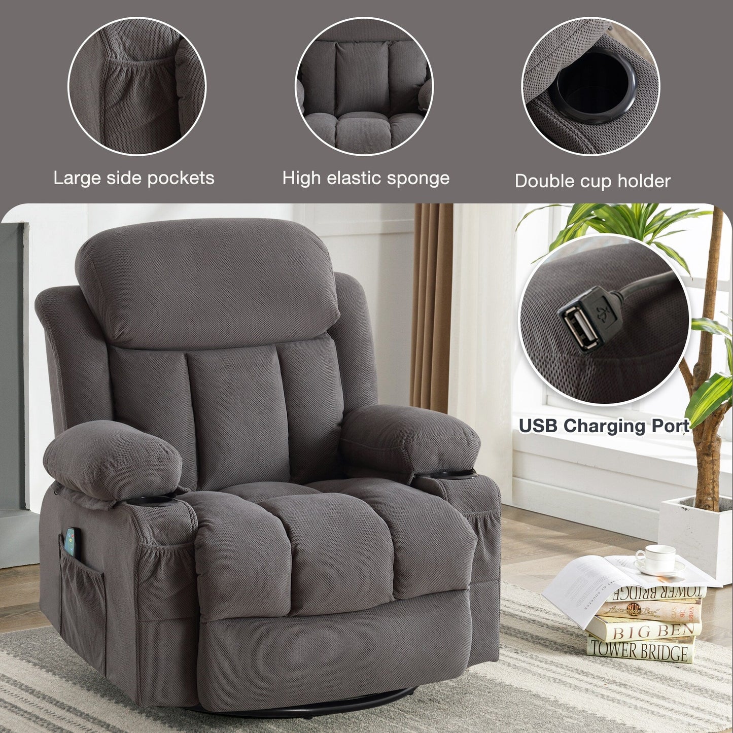 Fauteuil inclinable massant pivotant à 360° en velours doux avec chauffage, port USB, inclinaison manuelle et poches de rangement