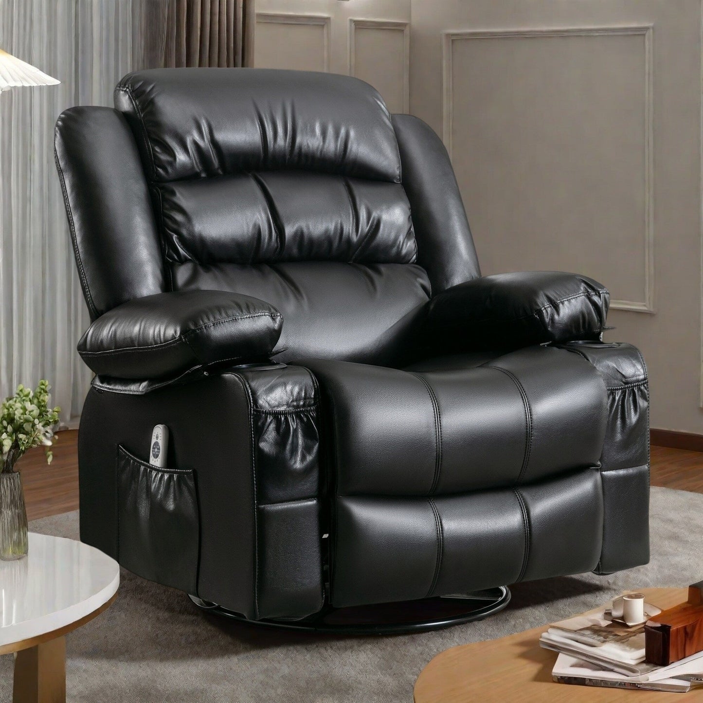 Fauteuil inclinable massant pivotant à 360° avec chauffage, cuir PU, massage 8 points, chargement USB et poches de rangement