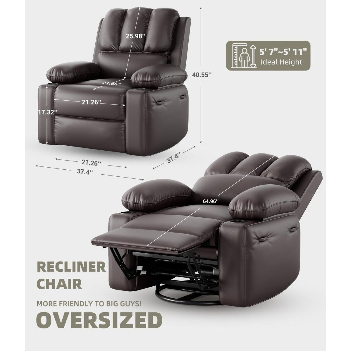 Fauteuils inclinables surdimensionnés pivotants à 360° avec chauffage et massage