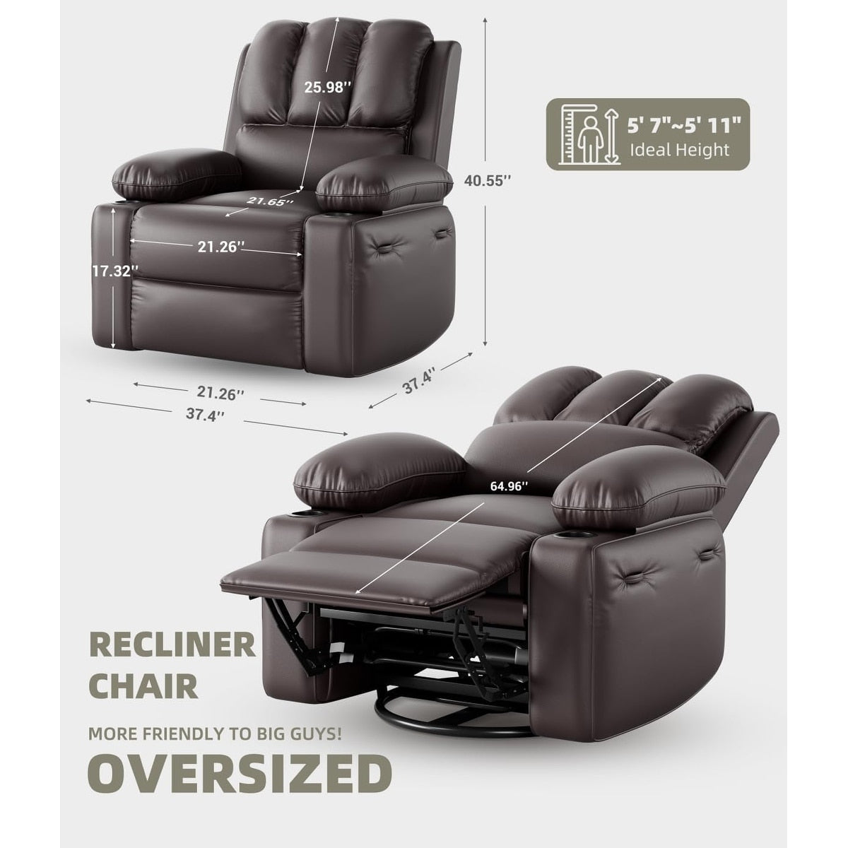 Fauteuils inclinables surdimensionnés pivotants à 360° avec chauffage et massage