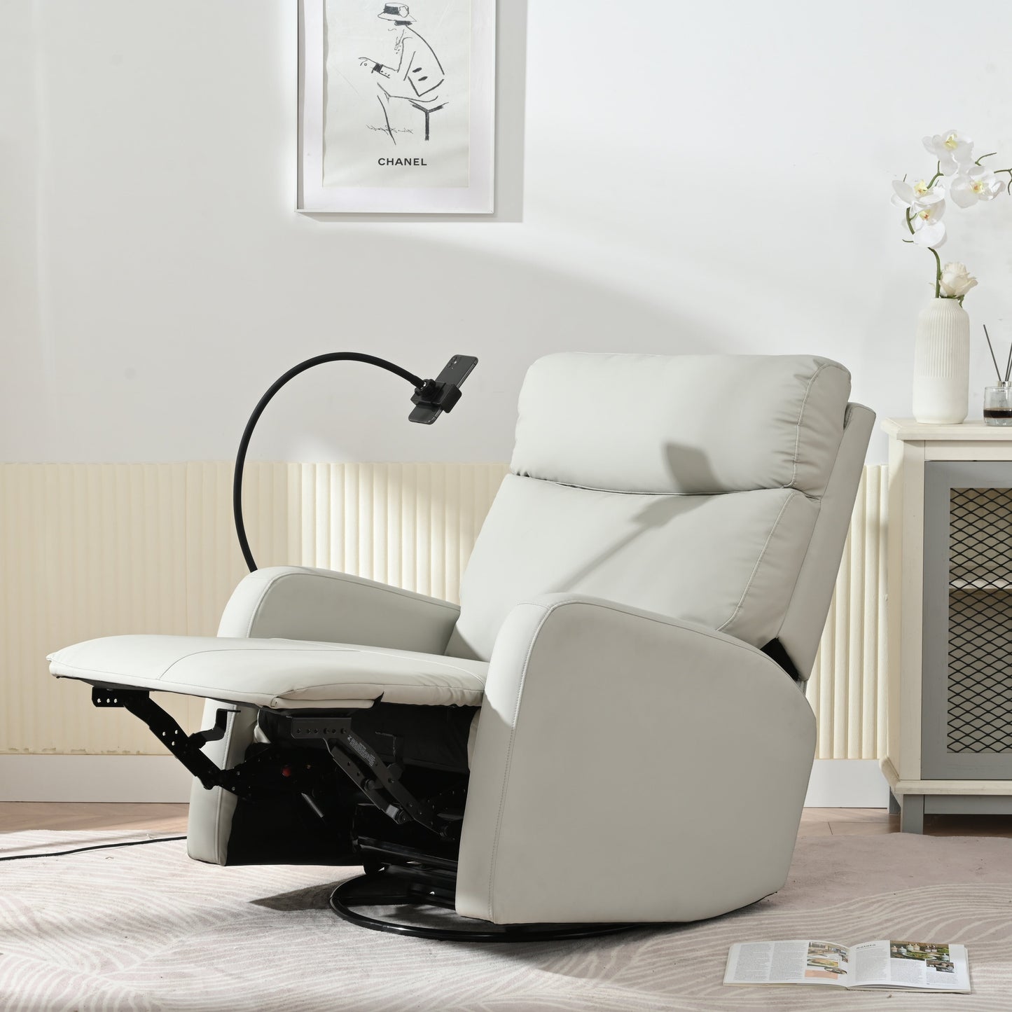 Fauteuil inclinable pivotant à 360° avec repose-pieds, support de téléphone et positions réglables pour home cinéma et salon