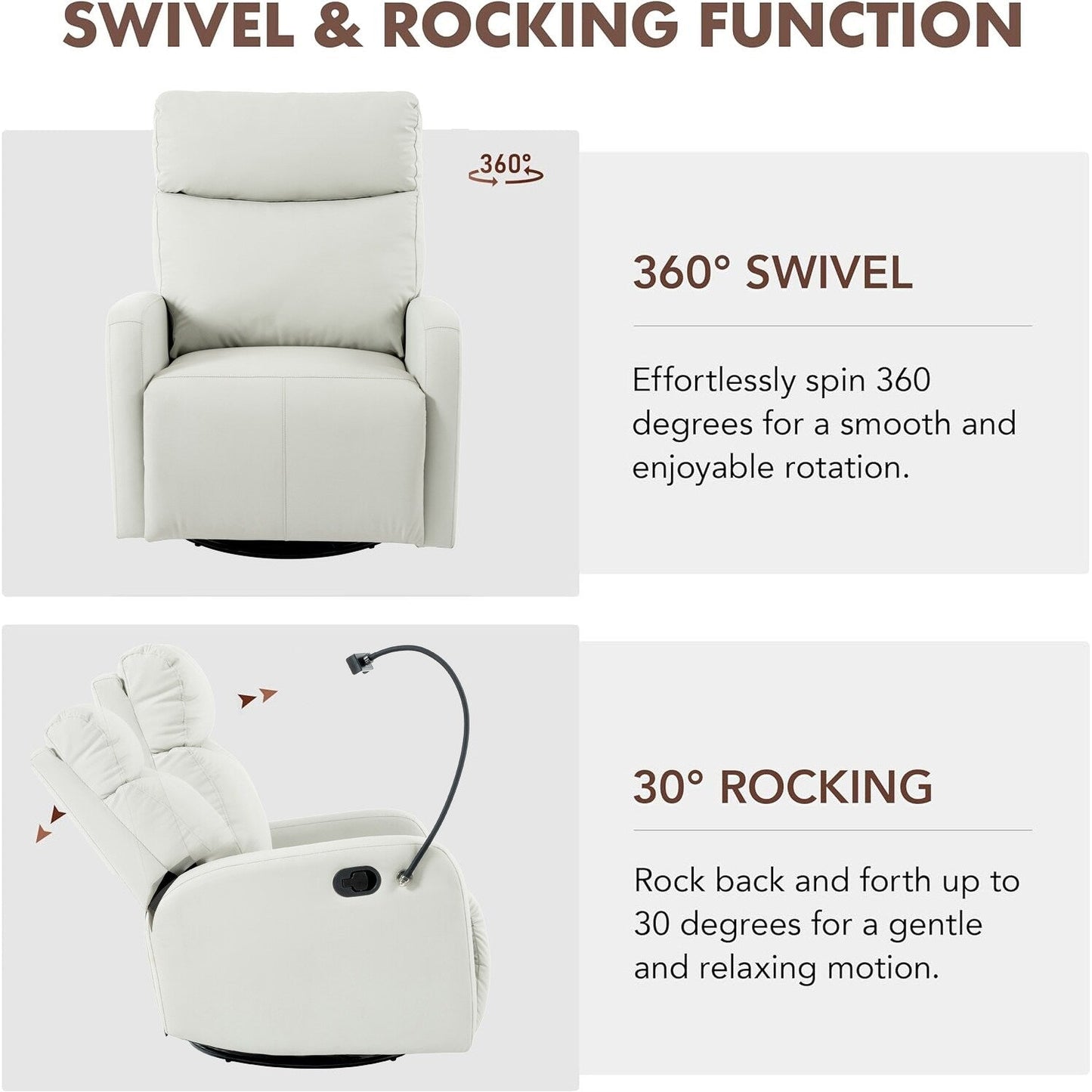 Fauteuil inclinable pivotant à 360° avec repose-pieds, support de téléphone et positions réglables pour home cinéma et salon
