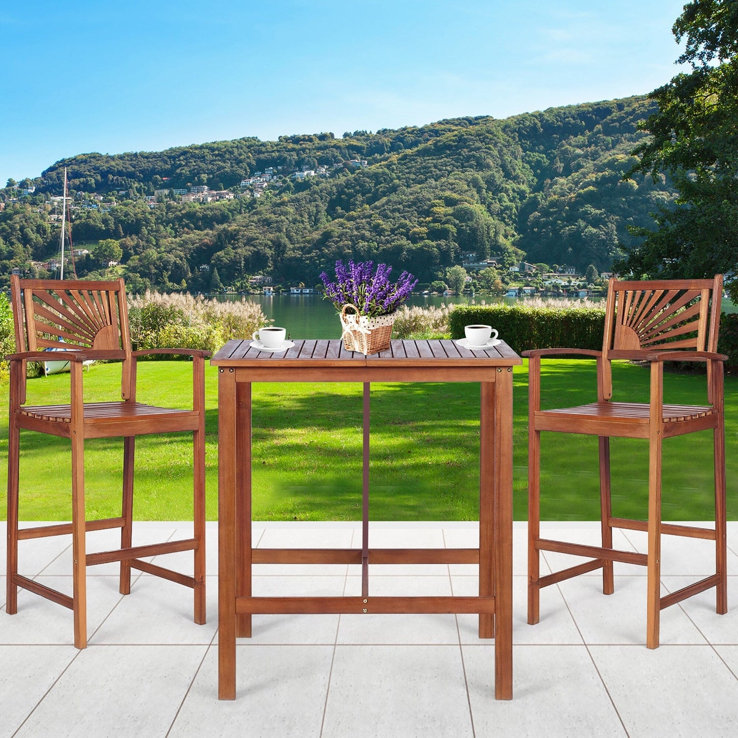 Ensemble de table de bar 3 pièces pour extérieur en bois d'acacia, peu encombrant