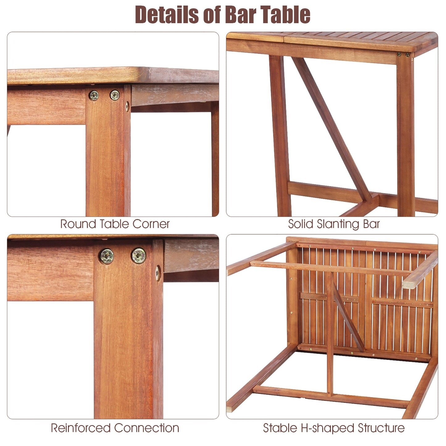 Ensemble de table de bar 3 pièces pour extérieur en bois d'acacia, peu encombrant
