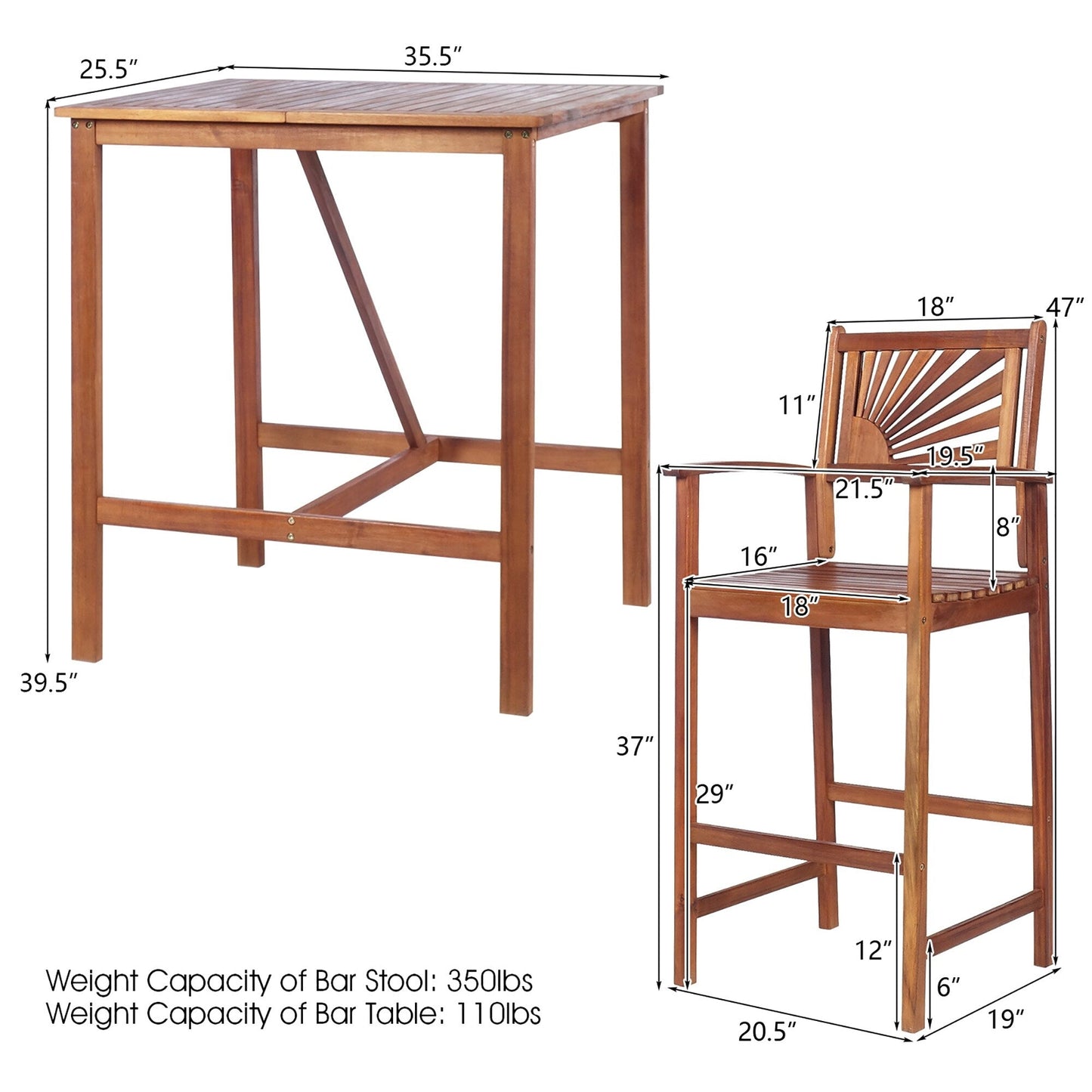 Ensemble de table de bar 3 pièces pour extérieur en bois d'acacia, peu encombrant