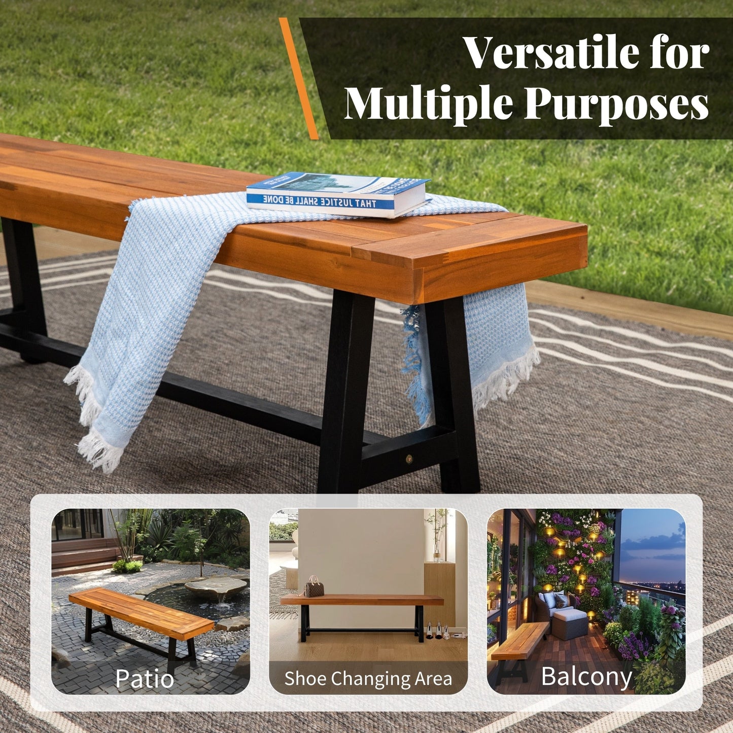 Ensemble de salle à manger d'extérieur 3 pièces MAISON ARTS en bois d'acacia avec 1 table basse rectangulaire pour pique-nique et 2 bancs