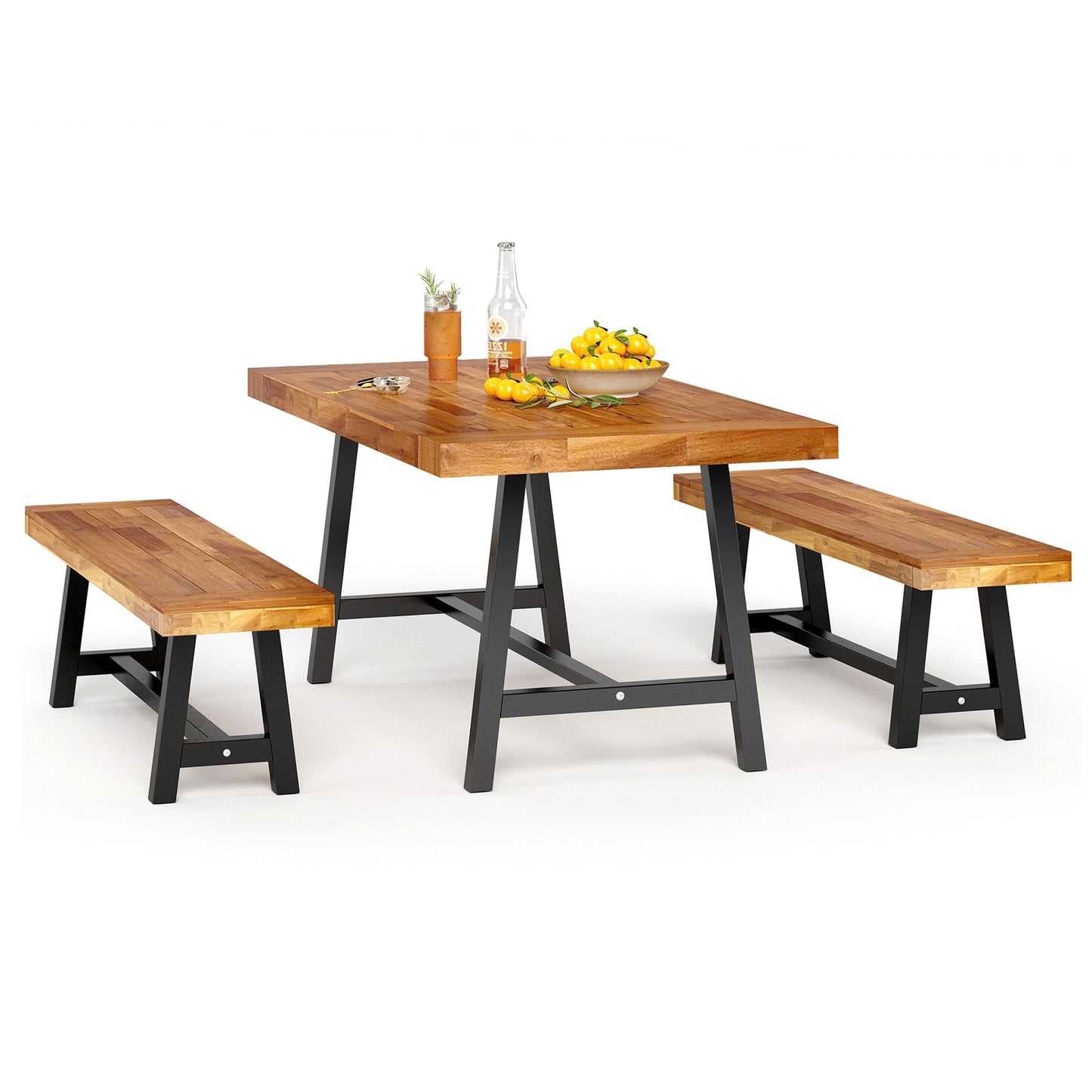 Ensemble de salle à manger d'extérieur 3 pièces MAISON ARTS en bois d'acacia avec 1 table basse rectangulaire pour pique-nique et 2 bancs