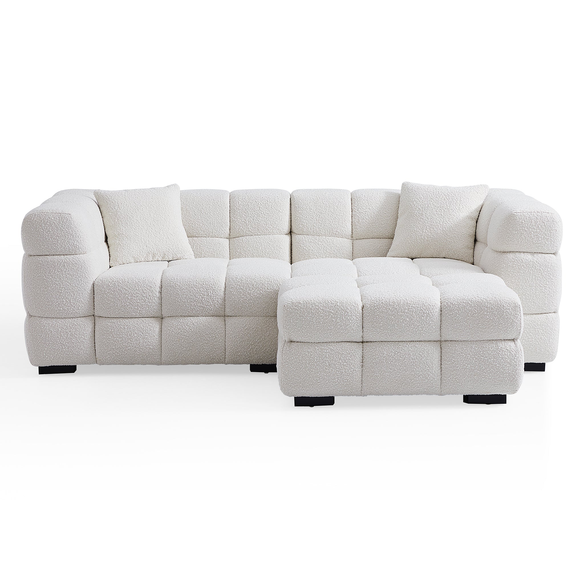 Cushy White Boucle Fabric Tufted Sofa With Ottoman