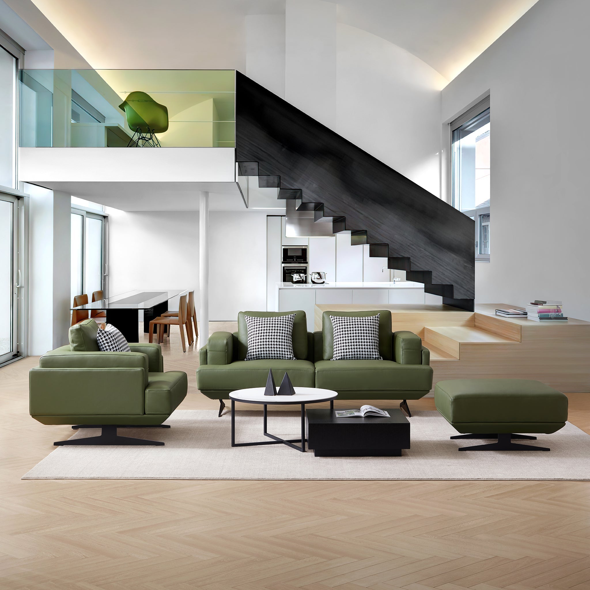 Olivia Green Top Grain Genuine Leather Sofa Set