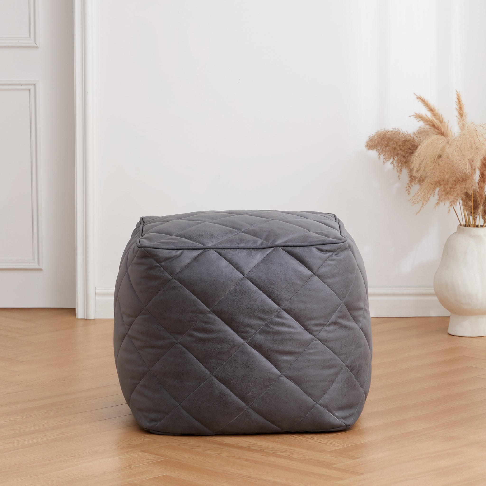 Waffle Dark Gray Leathaire Square Pouf