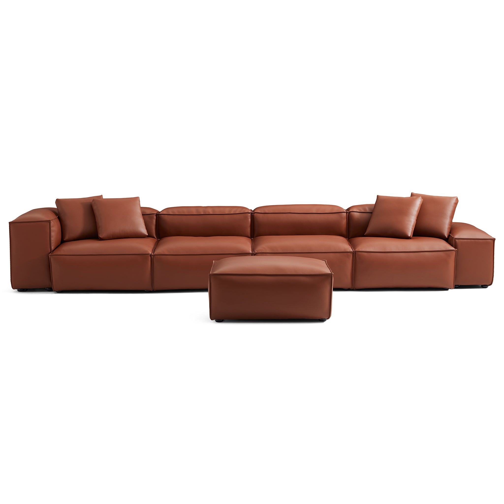 Cube Modular Brown Genuine Leather Sofa with Ottoman