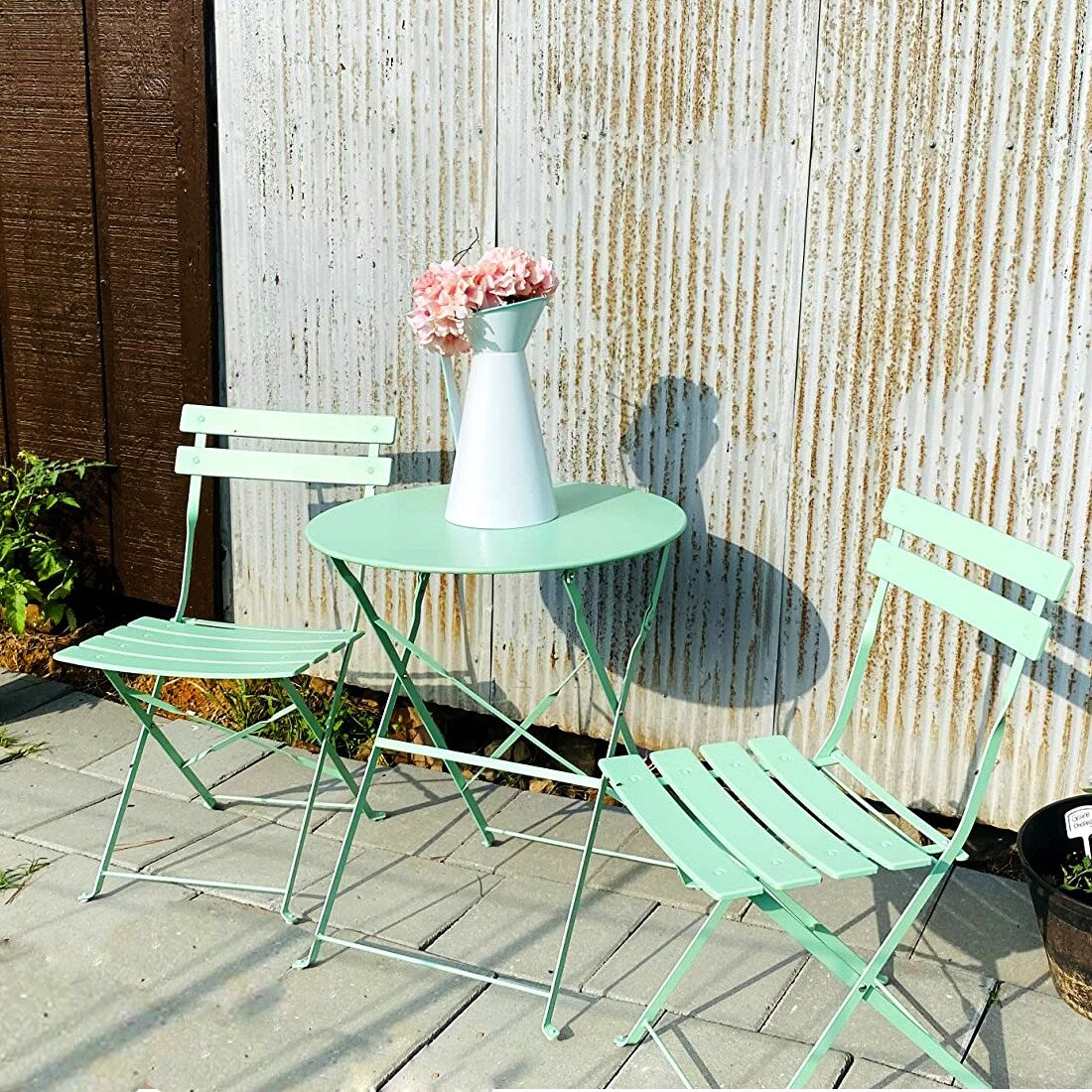 Ensemble bistrot pliant en métal 3 pièces, résistant aux intempéries, pour l'extérieur et l'intérieur, idéal pour la terrasse, la cour et le jardin.
