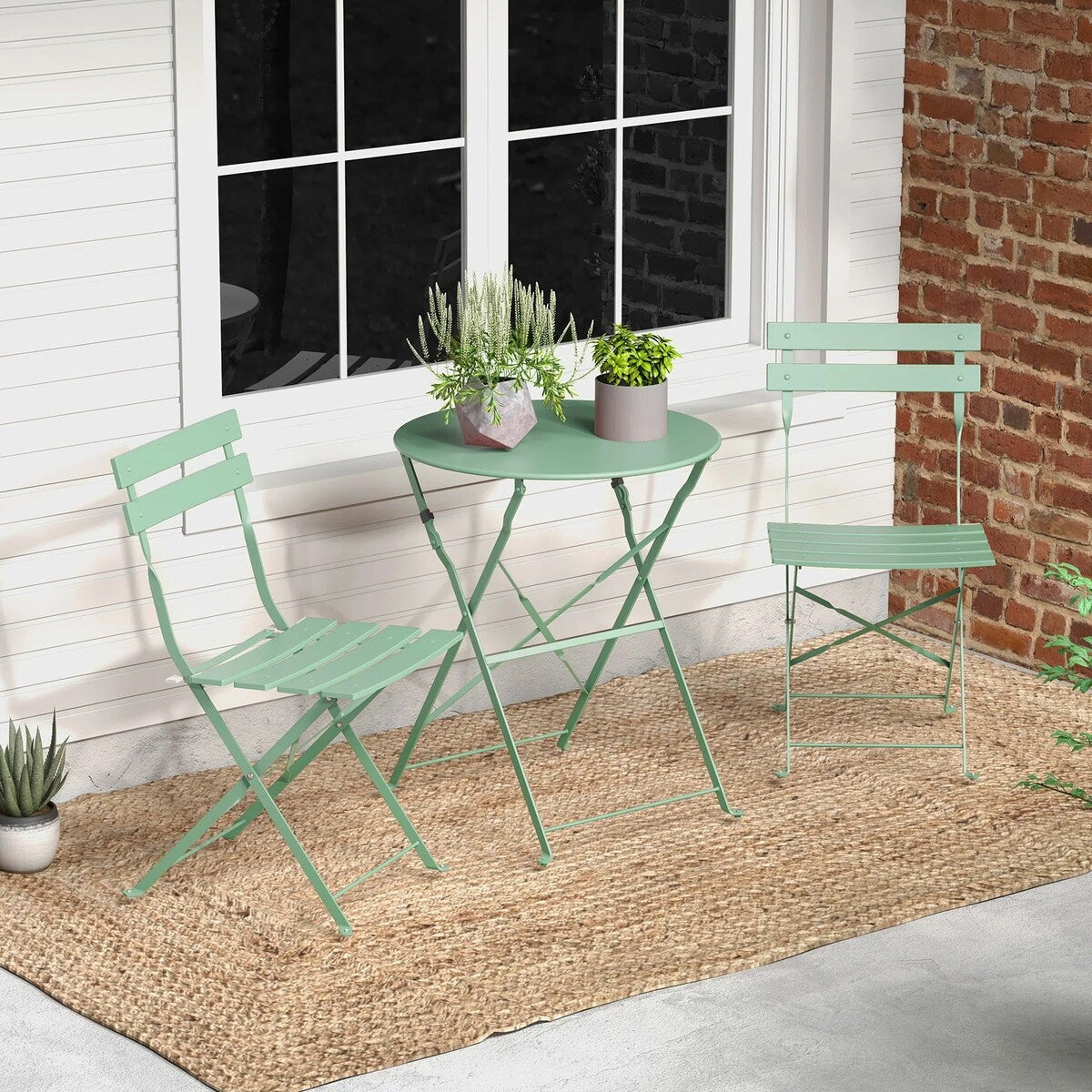 Ensemble bistrot pliant en métal 3 pièces, résistant aux intempéries, pour l'extérieur et l'intérieur, idéal pour la terrasse, la cour et le jardin.