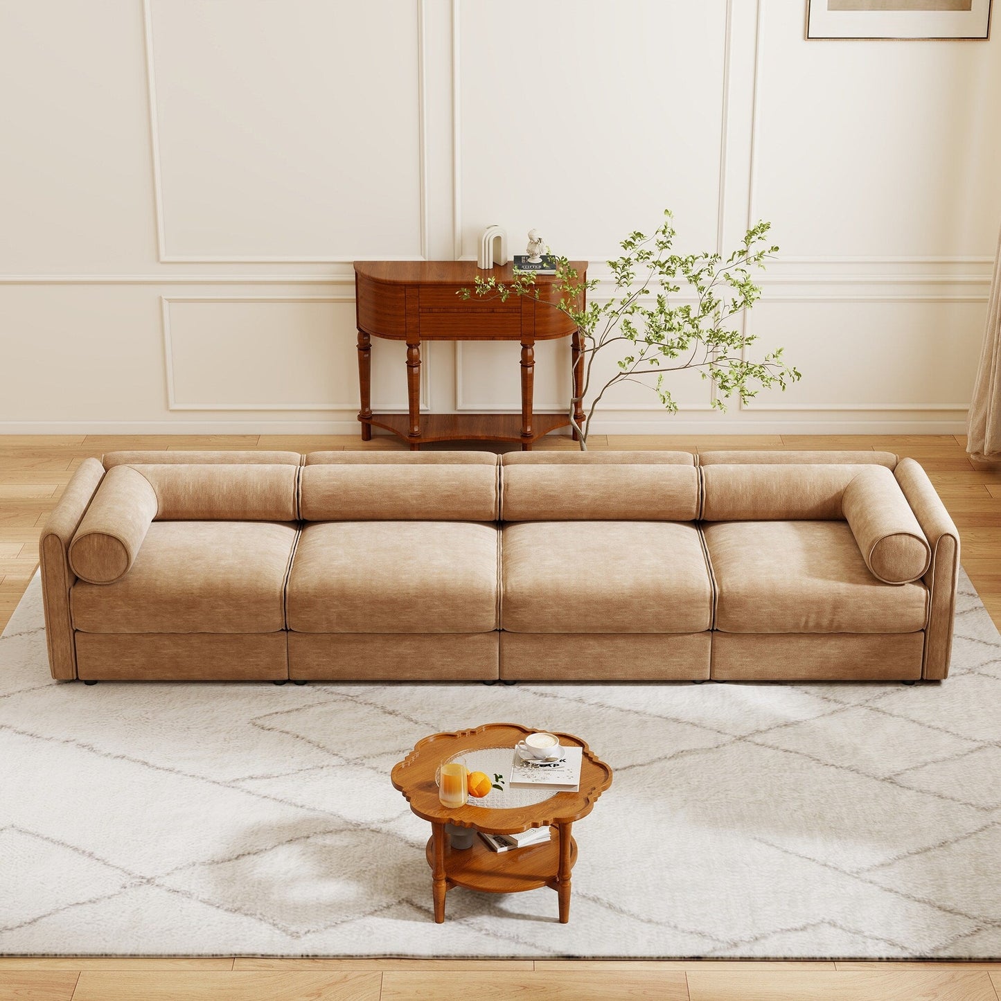 Canapé sectionnel modulaire 4 pièces - Chaise longue avec rangement et dossiers cylindriques, assise profonde