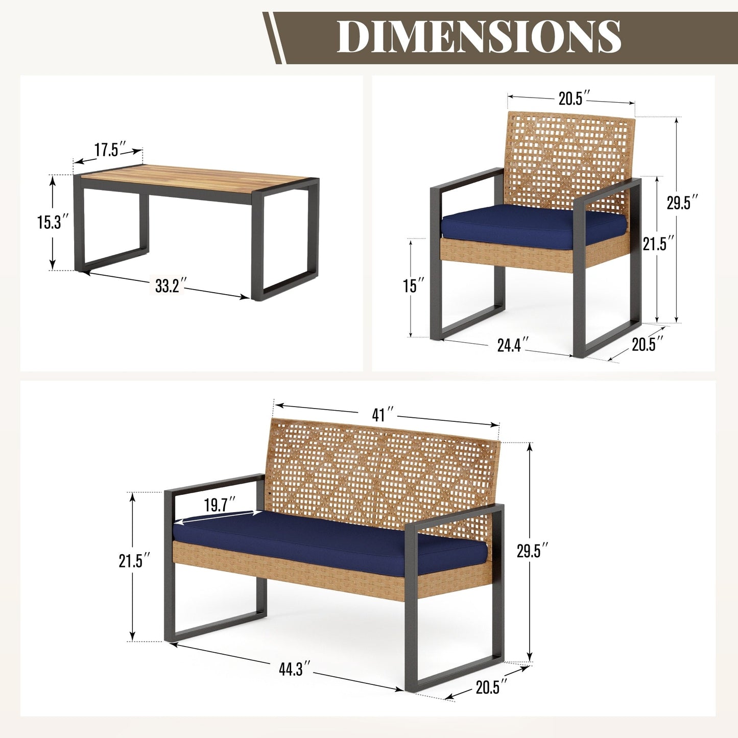 Ensemble de bistrot d'extérieur 4 pièces en osier et rotin résistant aux intempéries avec coussins moelleux par Havenside Home