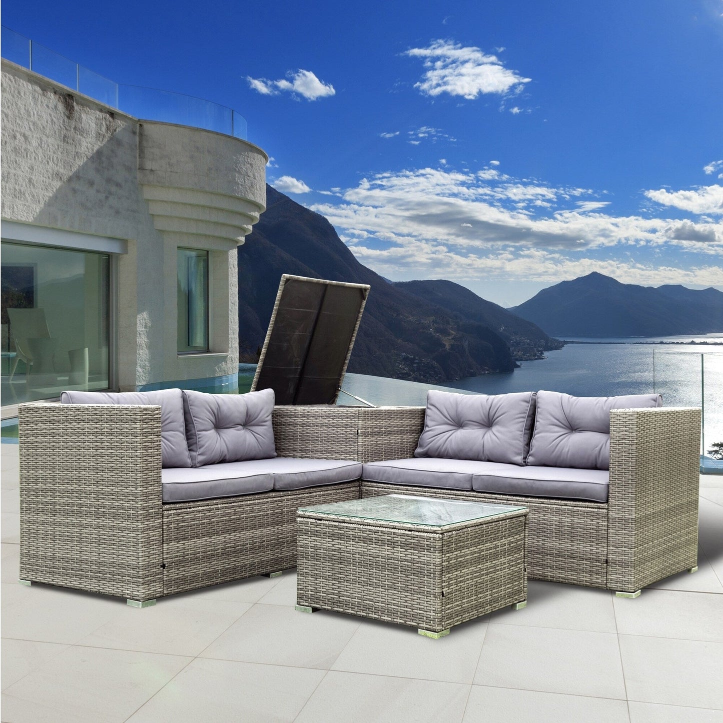 Ensemble de canapés sectionnels en osier avec rangement, 4 pièces, pour patio