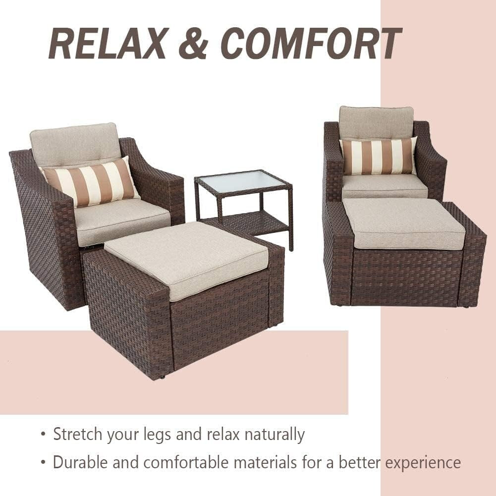 Ensemble de 4 ou 5 chaises longues en osier pour patio extérieur avec table basse et coussins