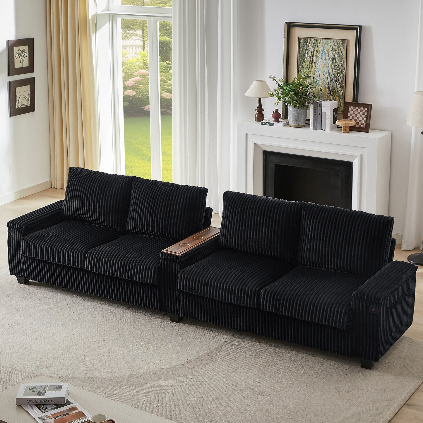 Canapé 4 places en velours côtelé 133 cm, canapé moderne avec ports USB, accoudoirs de rangement dissimulés et porte-gobelets rabattables pour le salon