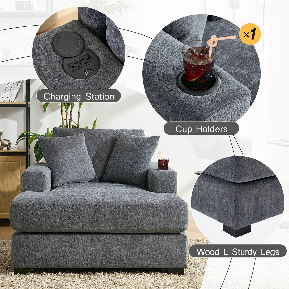 Canapé-lit surdimensionné de style moderne, avec coussins, station de charge et porte-gobelets, tissu chenille