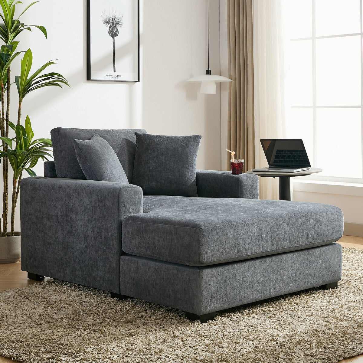 Canapé-lit surdimensionné de style moderne, avec coussins, station de charge et porte-gobelets, tissu chenille