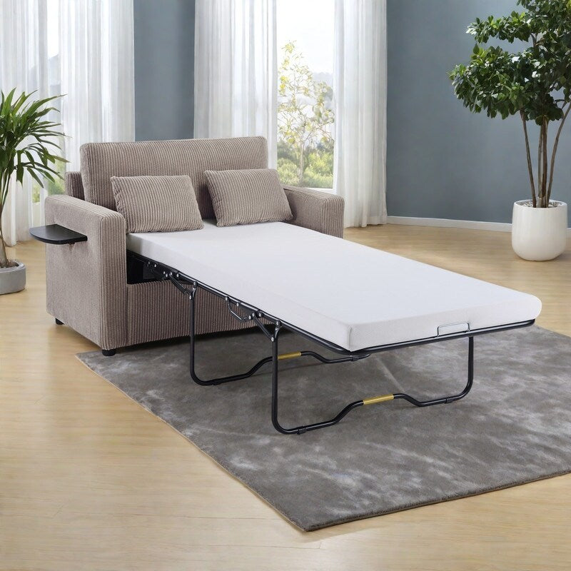 Canapé-lit double en velours côtelé 47,2 avec matelas pliable, table d'appoint, ports USB et poche de rangement