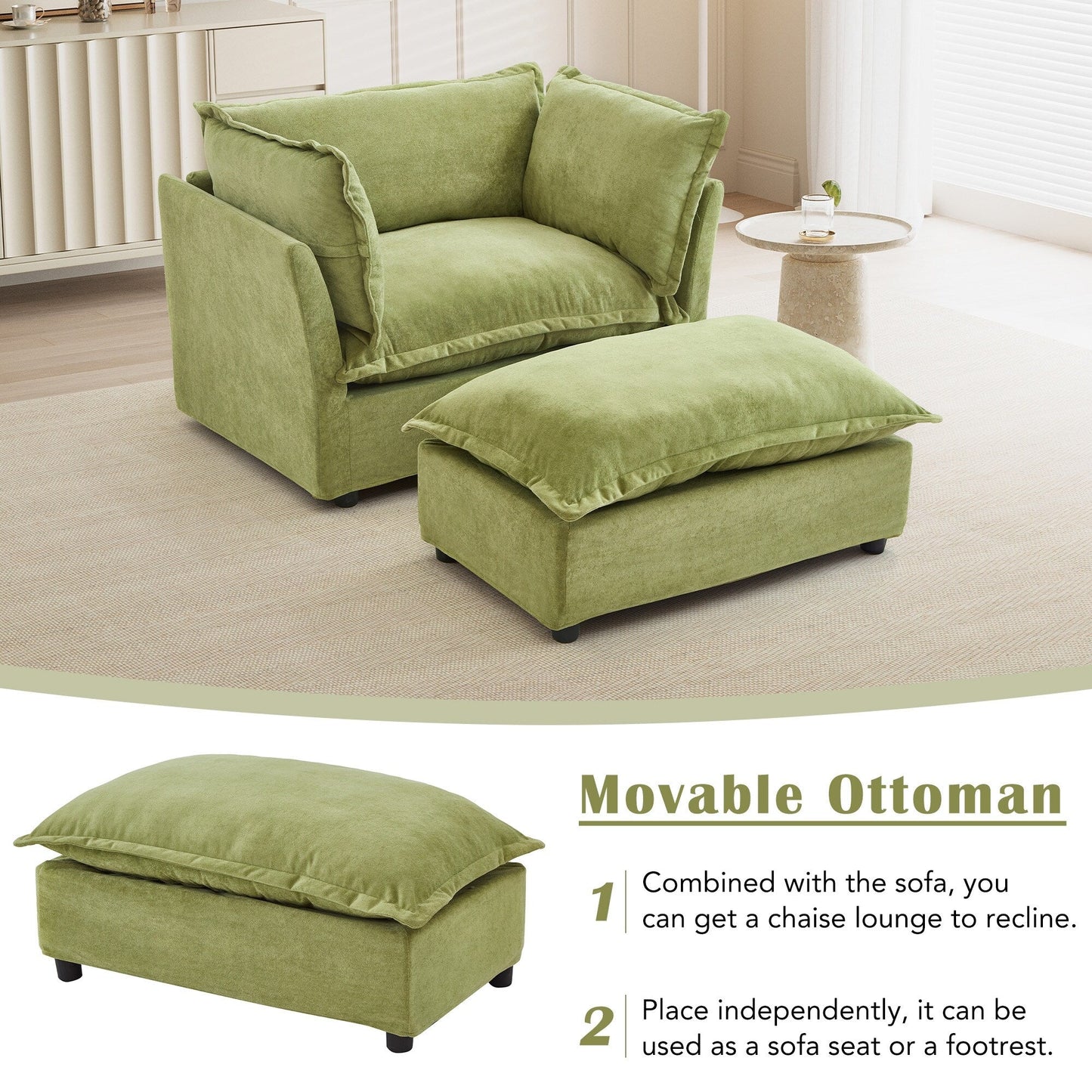 Fauteuil moderne avec pouf - Fauteuil de salon rembourré, assise large, accoudoirs incurvés et coussins moelleux pour le salon