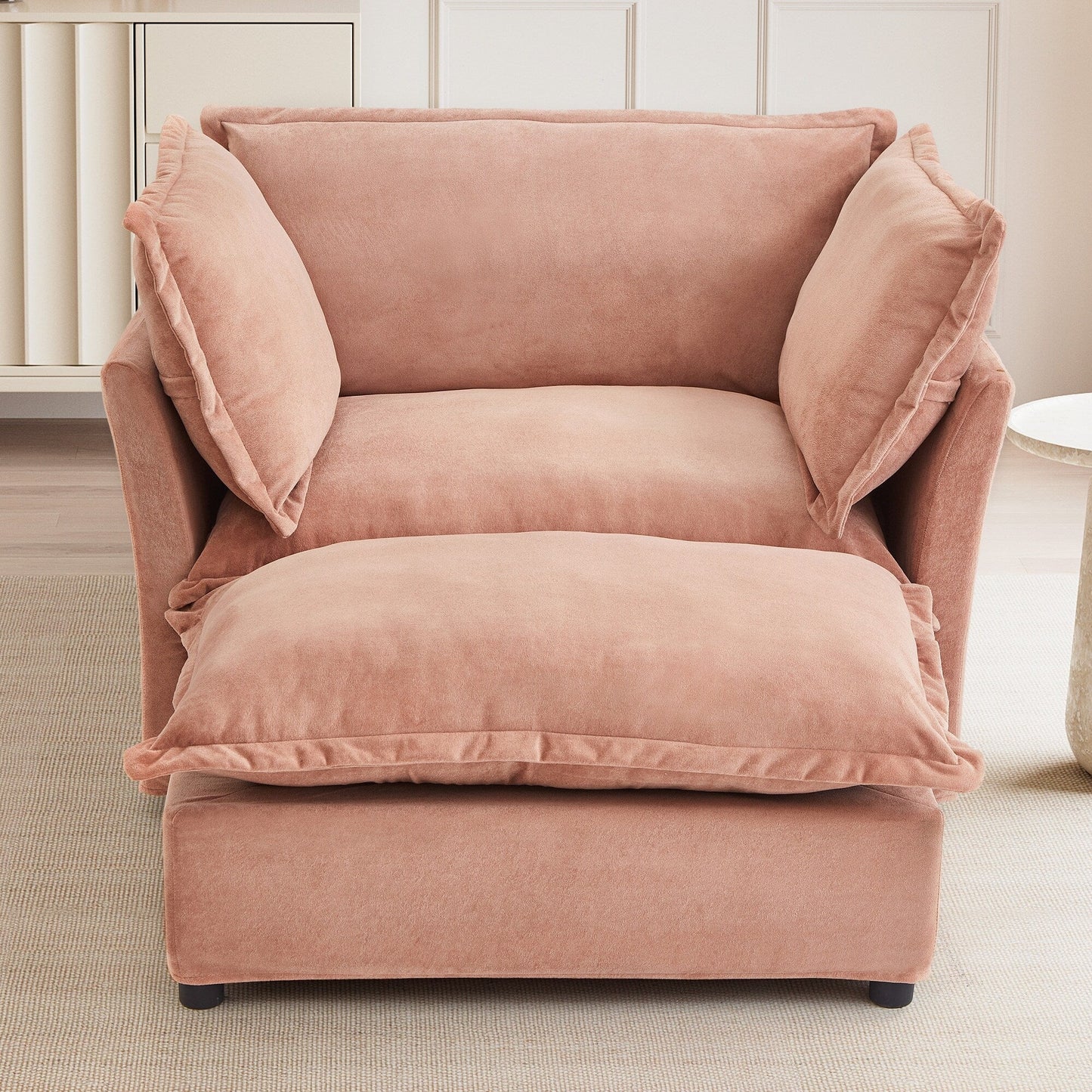 Fauteuil moderne avec pouf - Fauteuil de salon rembourré, assise large, accoudoirs incurvés et coussins moelleux pour le salon