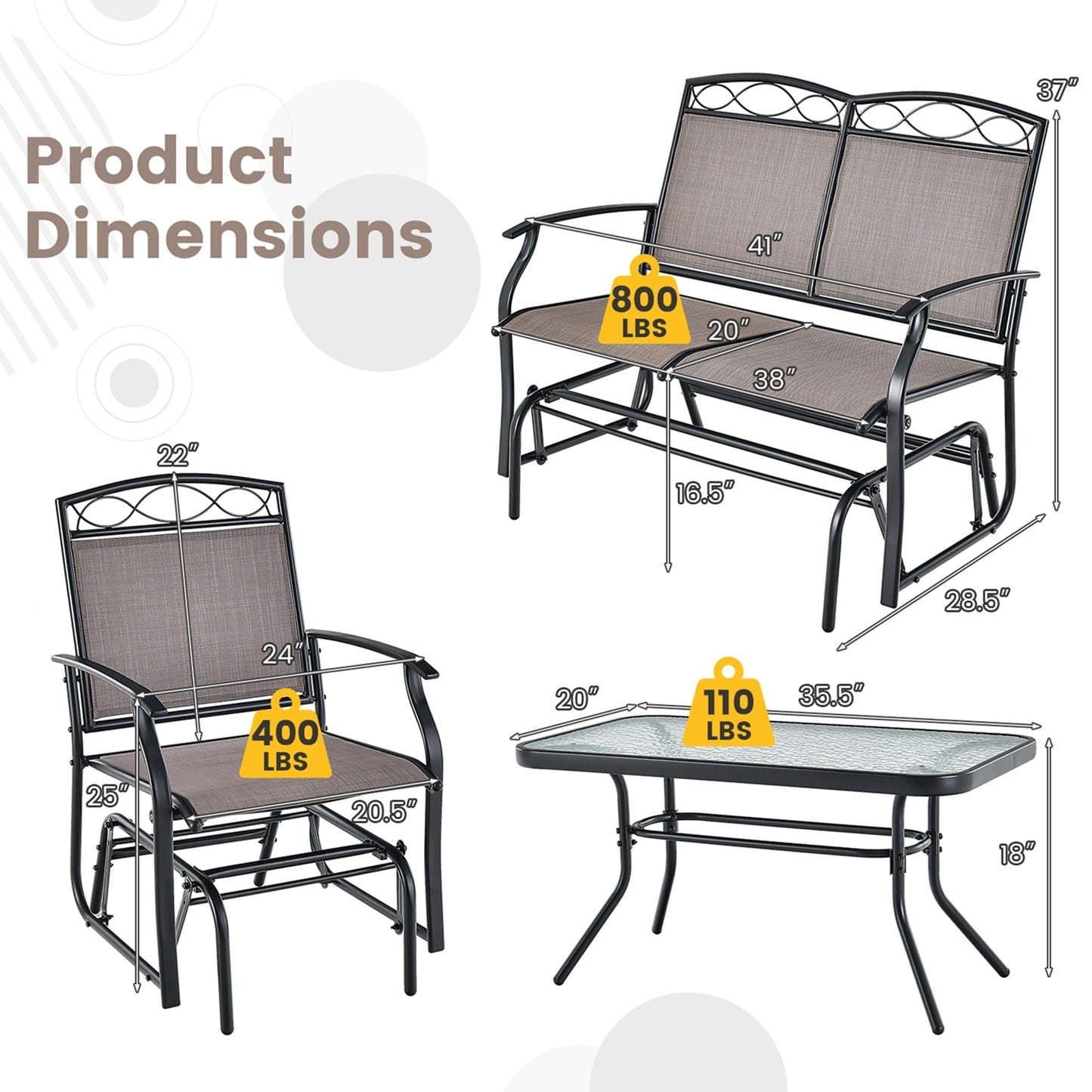 Ensemble de 4 chaises à bascule pour patio, table et fauteuil à bascule, robuste