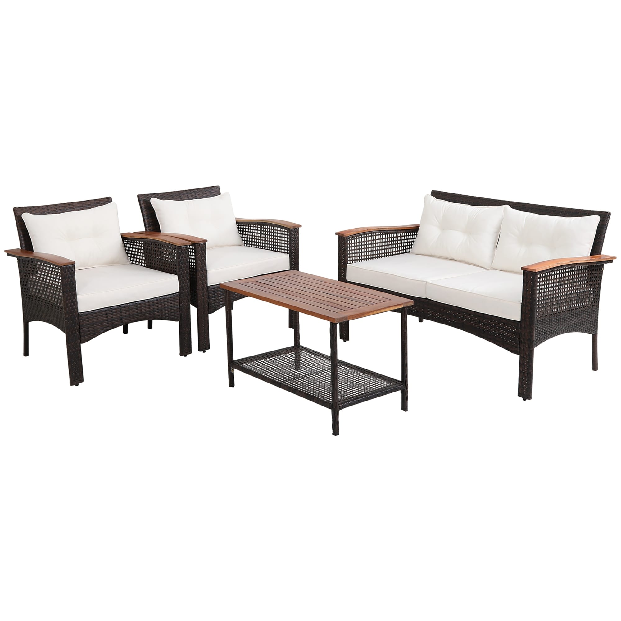 Ensemble de meubles de patio en rotin et bois d'acacia, 4 pièces, coussins, accoudoirs, terrasse