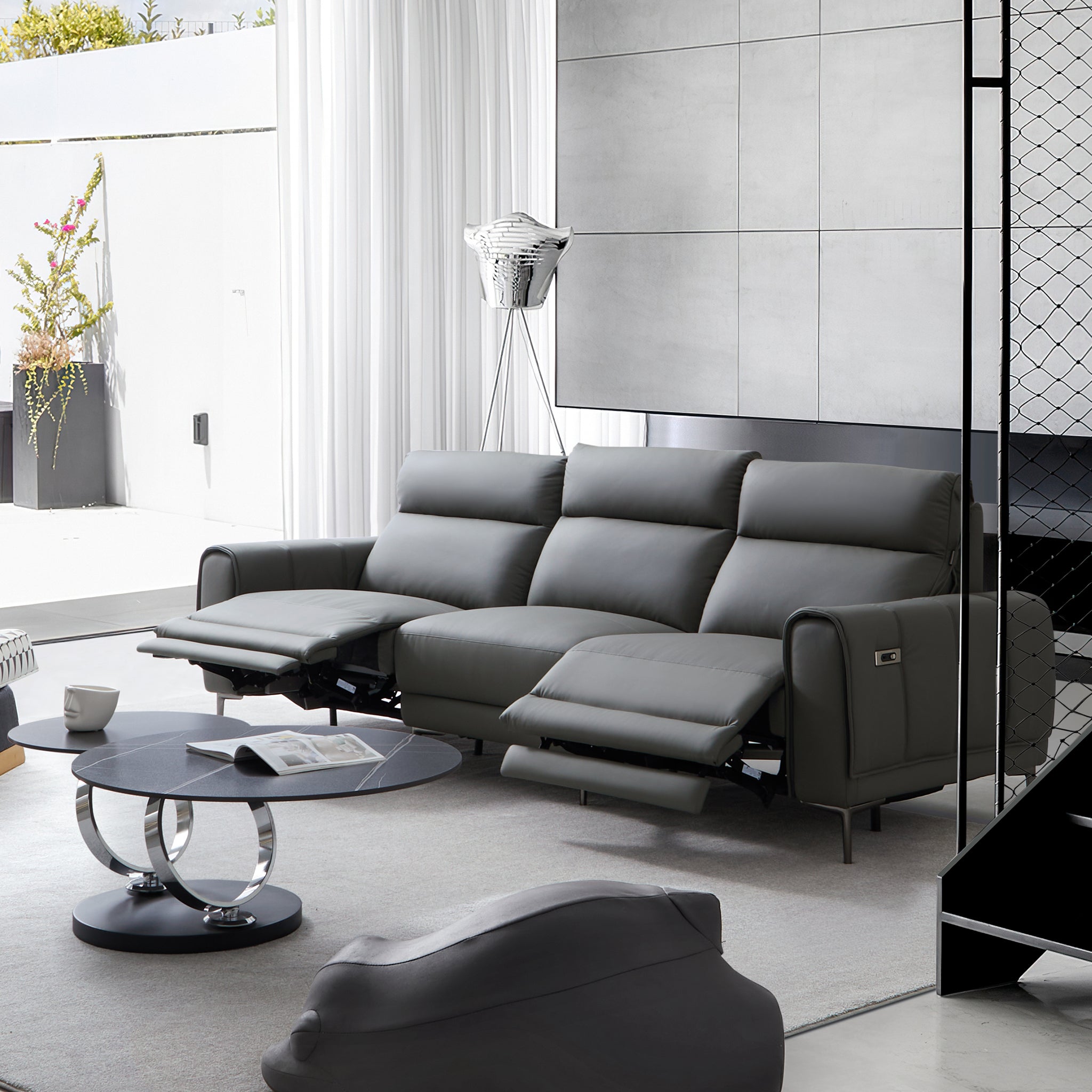 Louis Gray Leather Power Recliner Sleeper Sofa