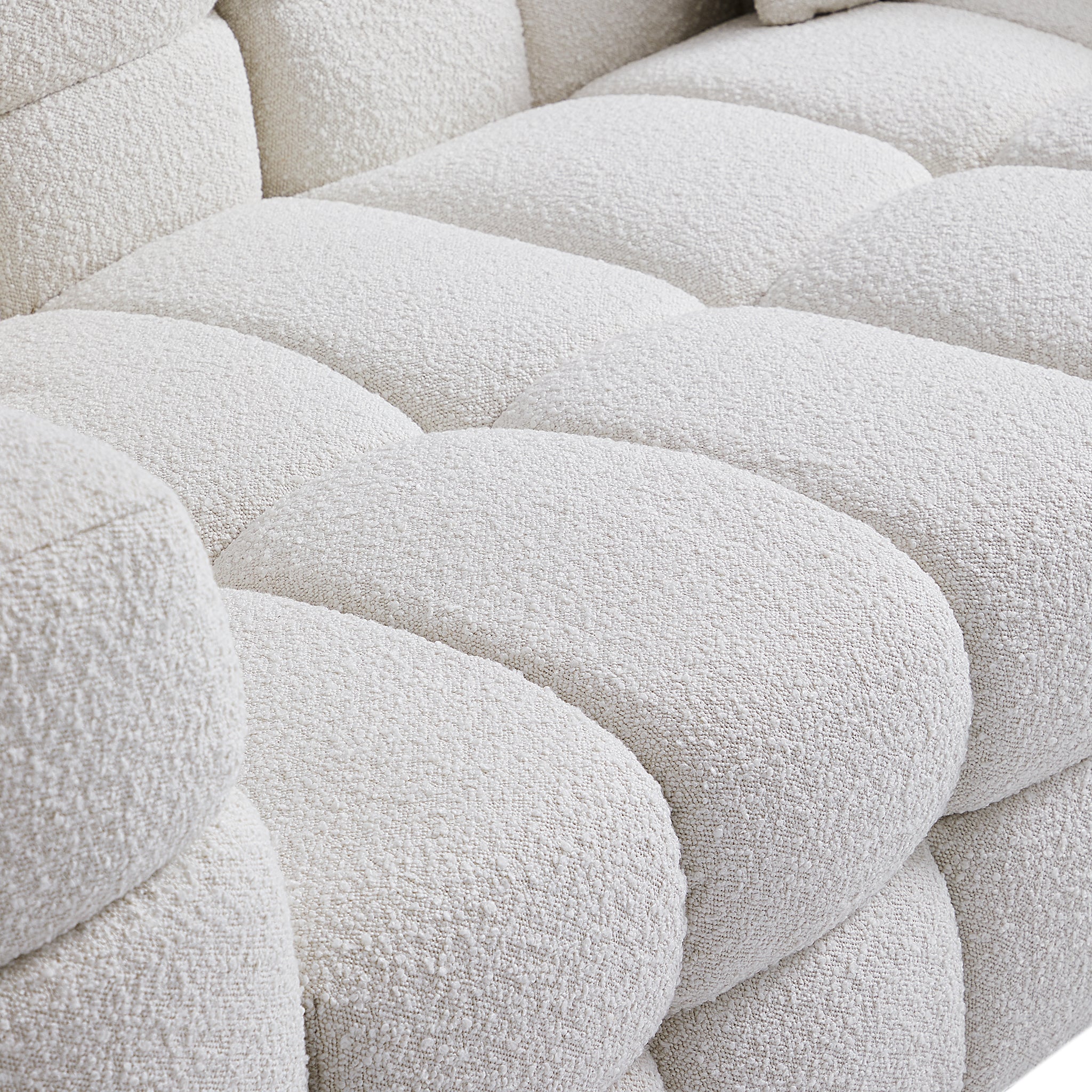Cushy White Boucle Fabric Tufted Sofa With Ottoman