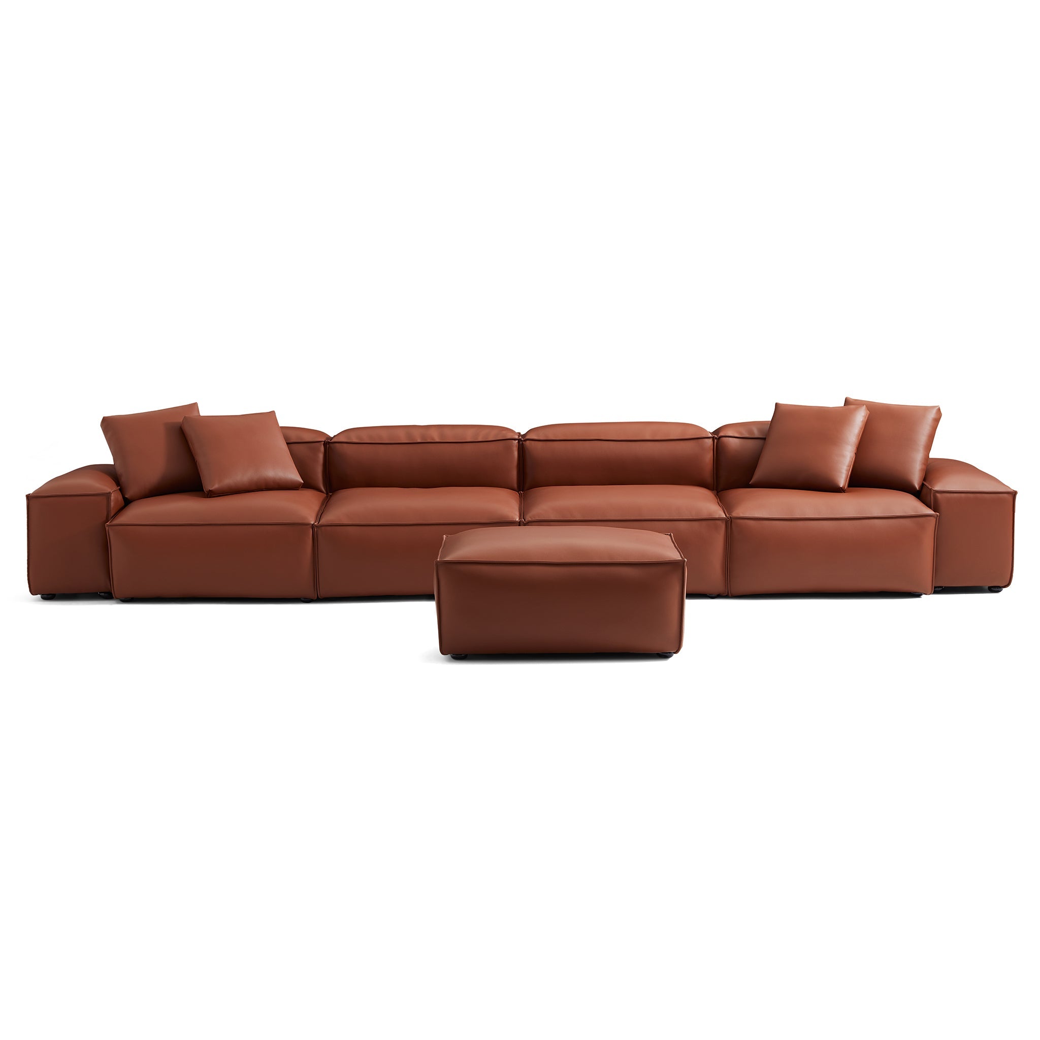 Cube Modular Brown Genuine Leather Sofa with Ottoman