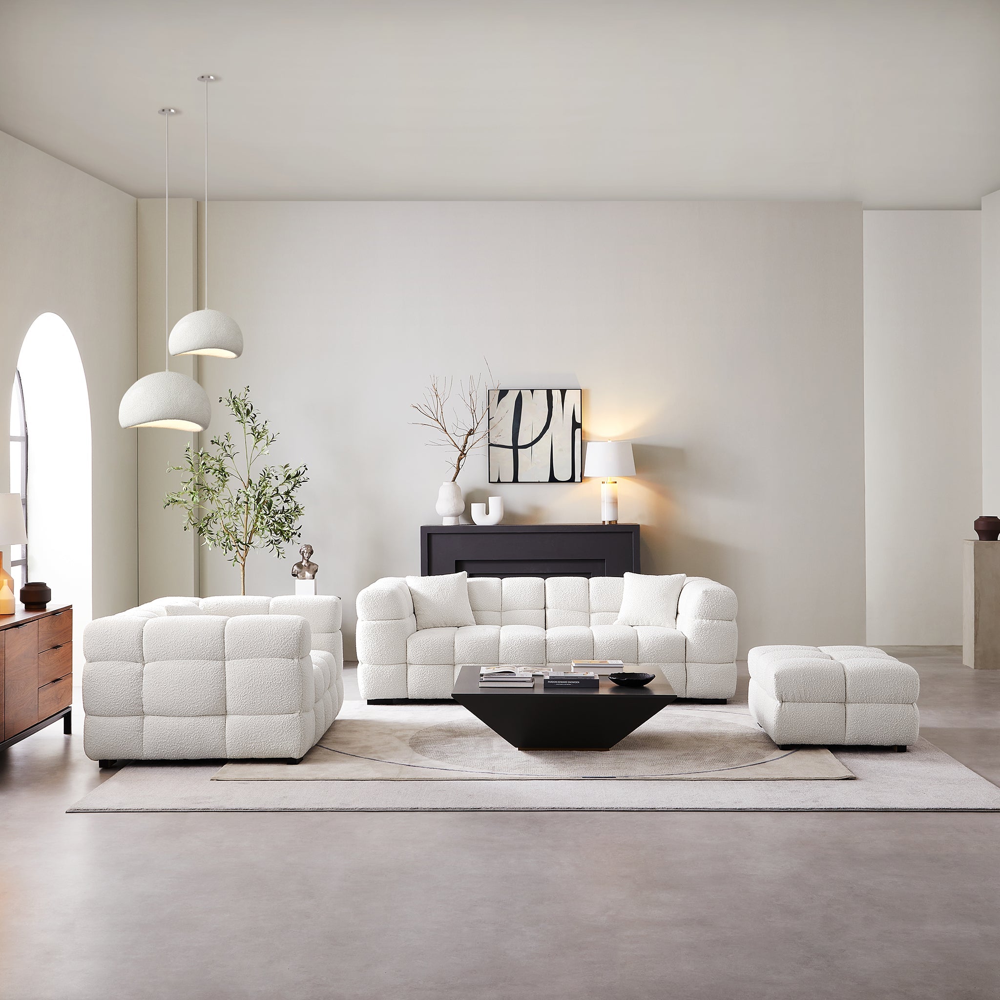 Cushy White Boucle Fabric Tufted Sofa Set