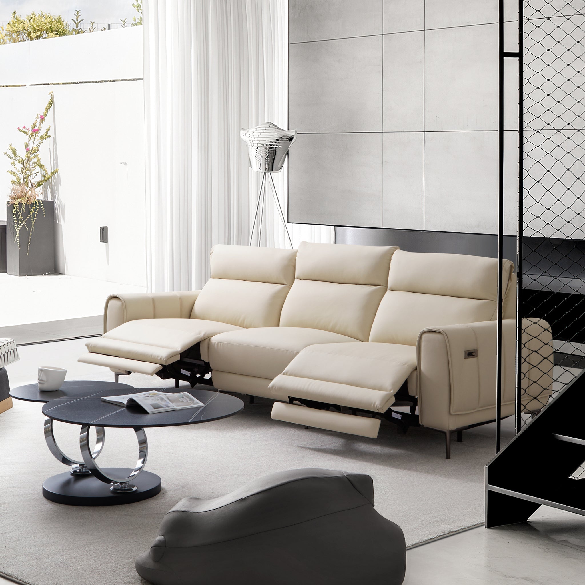 Louis Beige Leather Power Recliner Sleeper Sofa