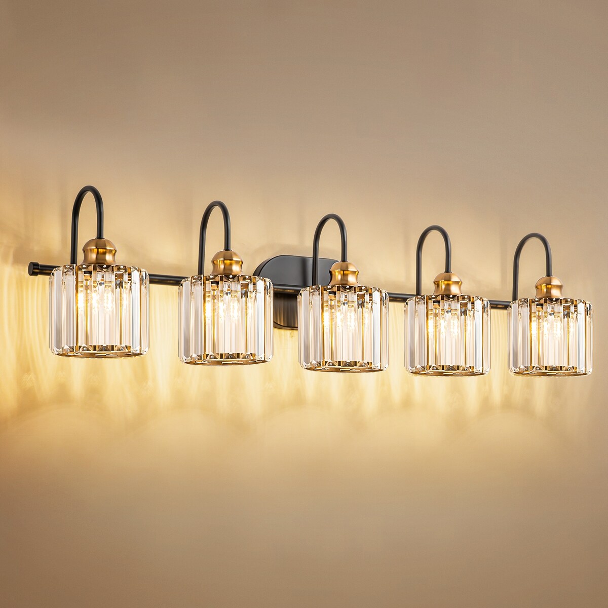 Luminaires de salle de bain linéaires à 5 lumières en cristal à intensité variable avec abat-jour cylindrique en cristal